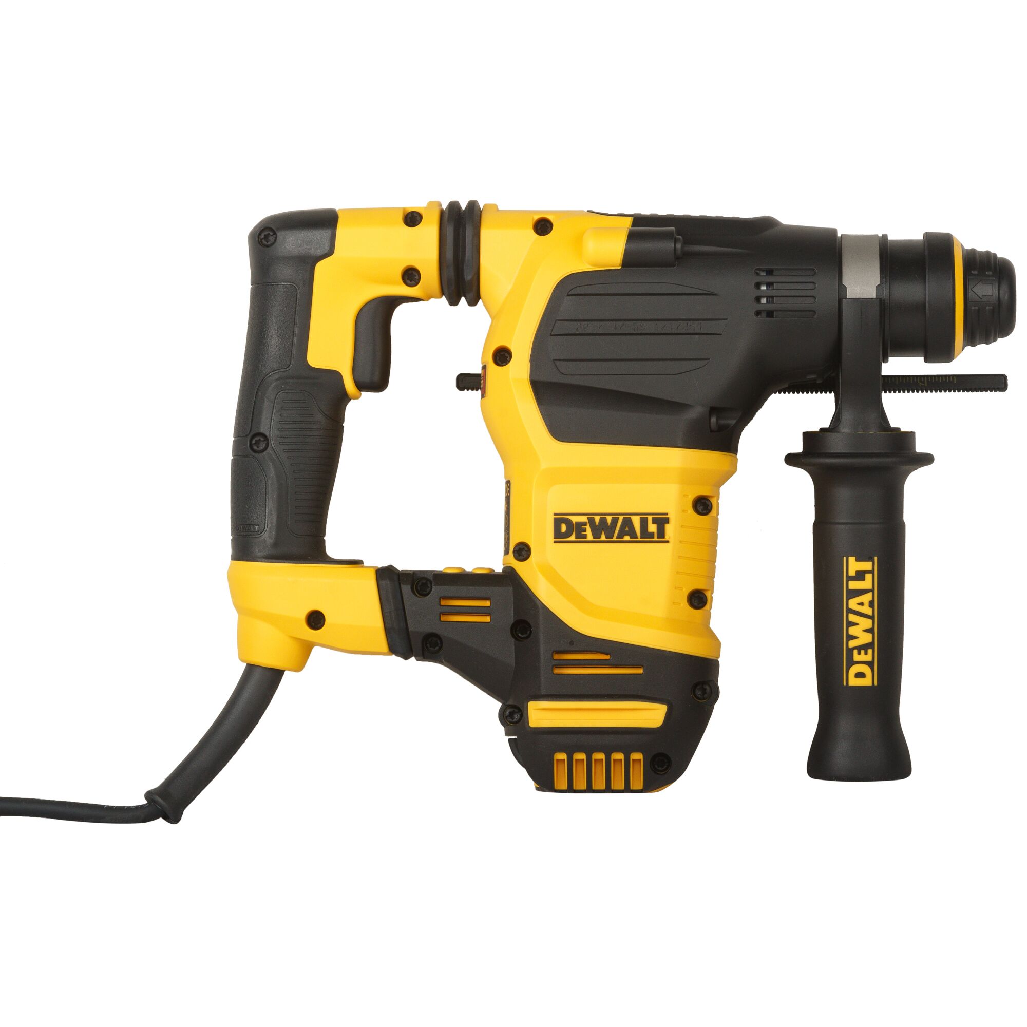 A yellow and black DEWALT rotary hammer drill with a side handle and power cord, shown against a white background.