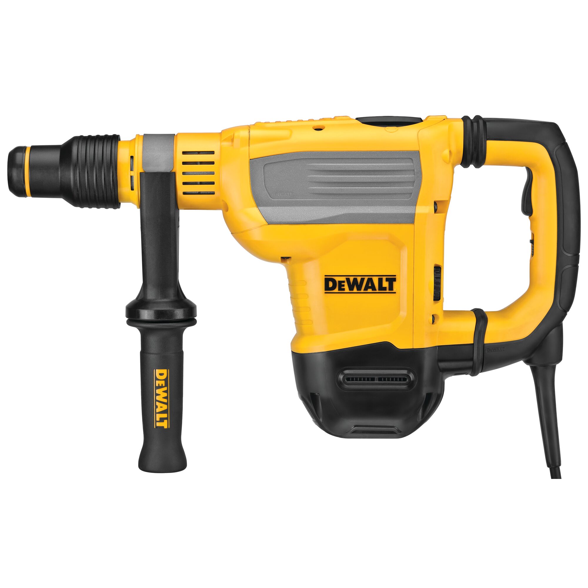 A yellow and black DEWALT rotary hammer drill with two handles and an electric cord, designed for heavy-duty construction work.