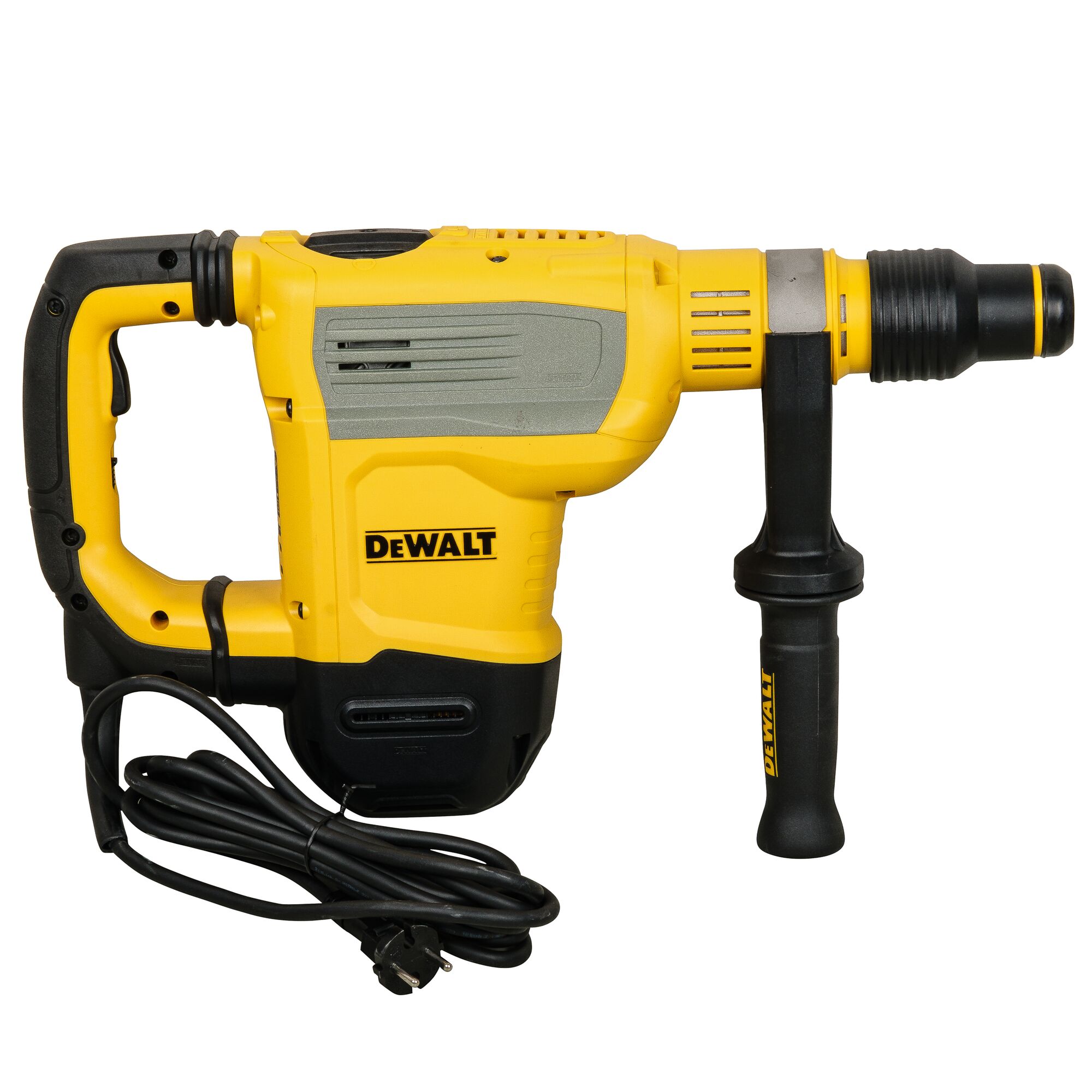 A yellow and black DEWALT electric rotary hammer drill with a side handle and attached power cord, model D25614K.