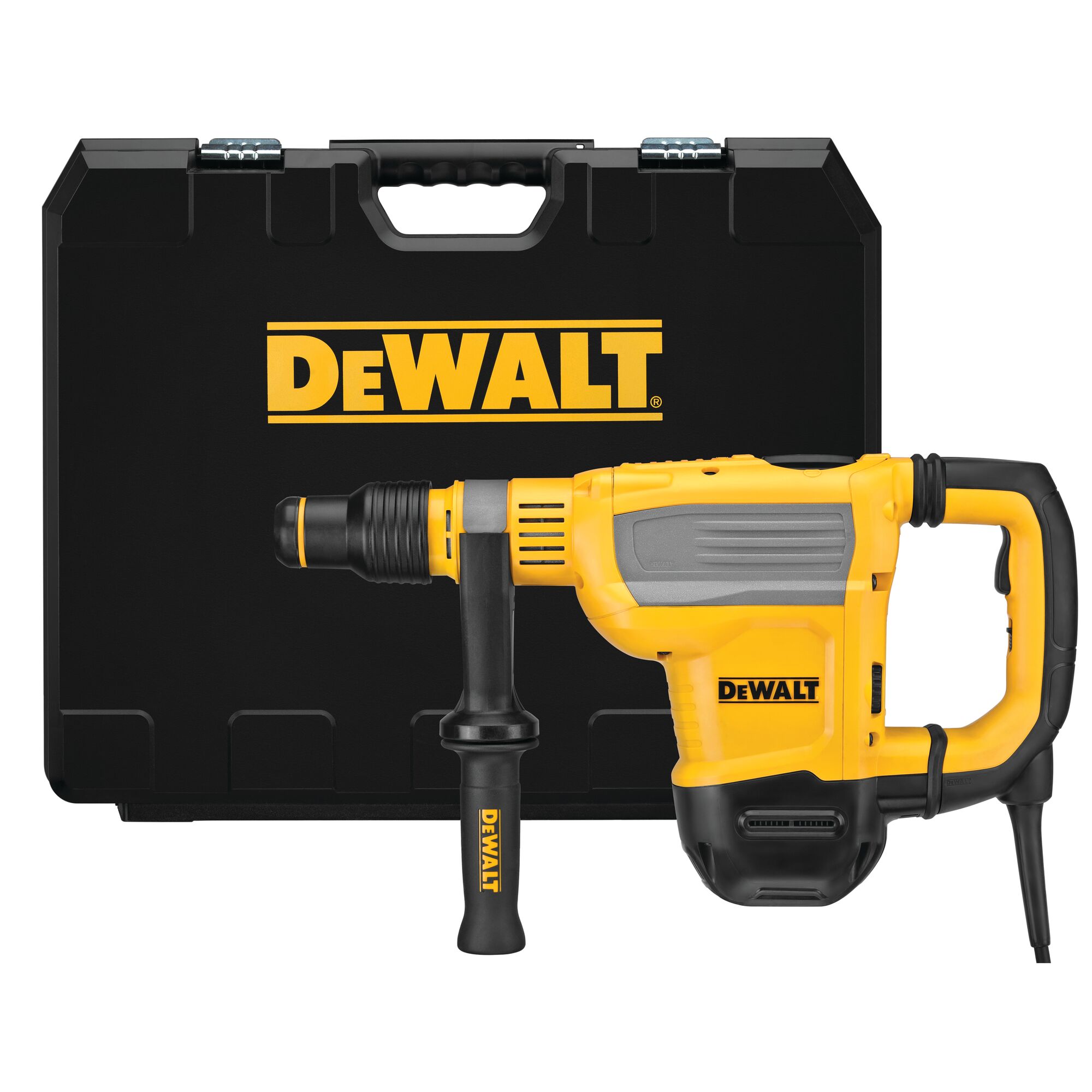 A yellow and black DEWALT rotary hammer drill with a black handle is shown in front of a matching black DEWALT carrying case.