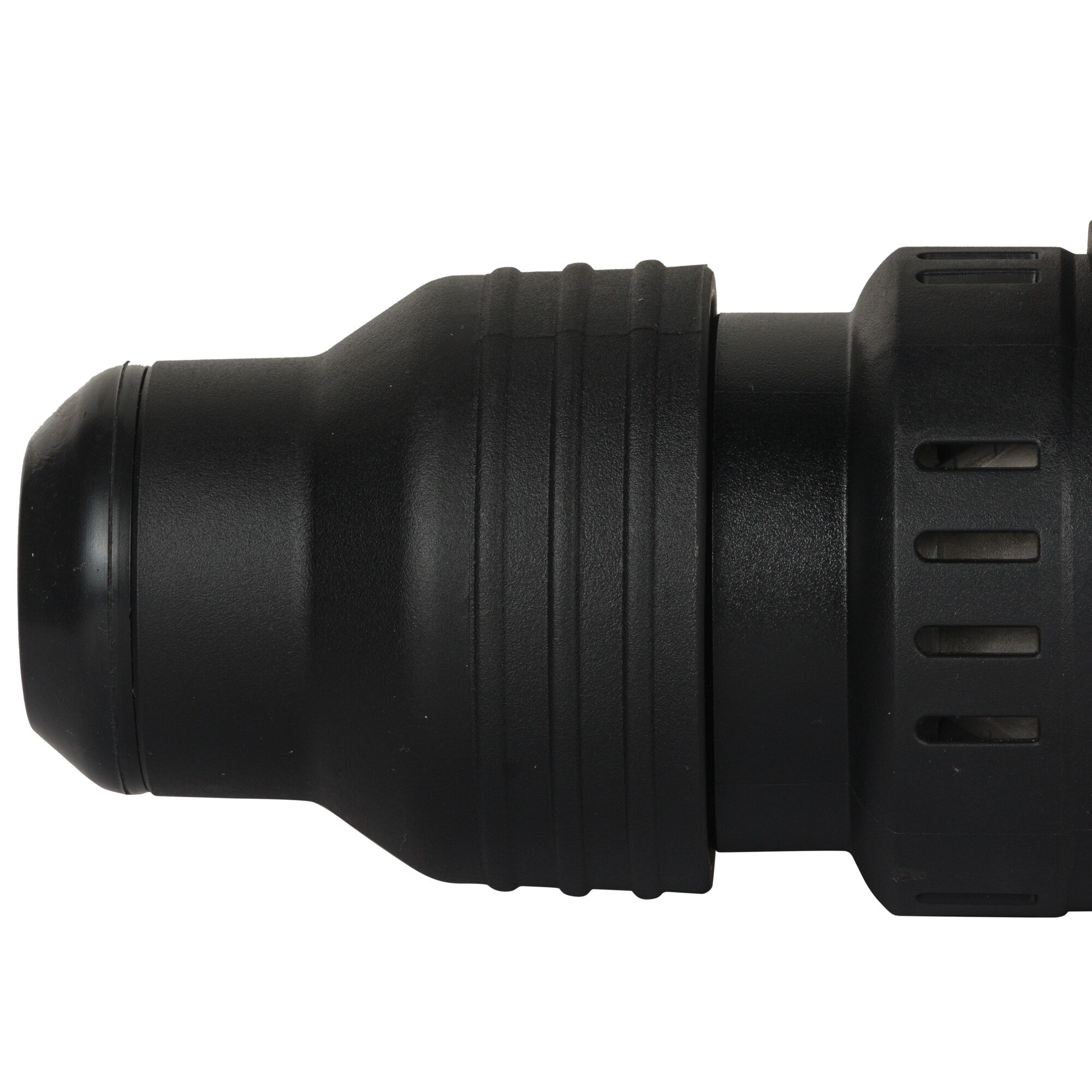 Close-up view of the black chuck component of a DEWALT power tool, showing textured ridges and ventilation slots.
