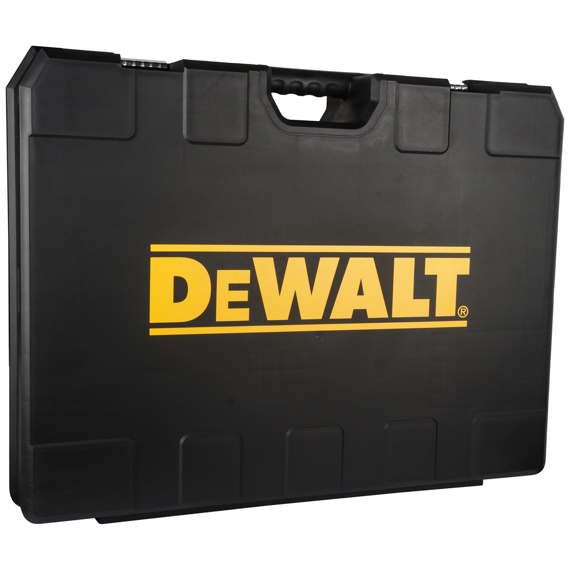 A black hard plastic carrying case with a yellow DEWALT logo on the front, designed for safely transporting tools or equipment.
