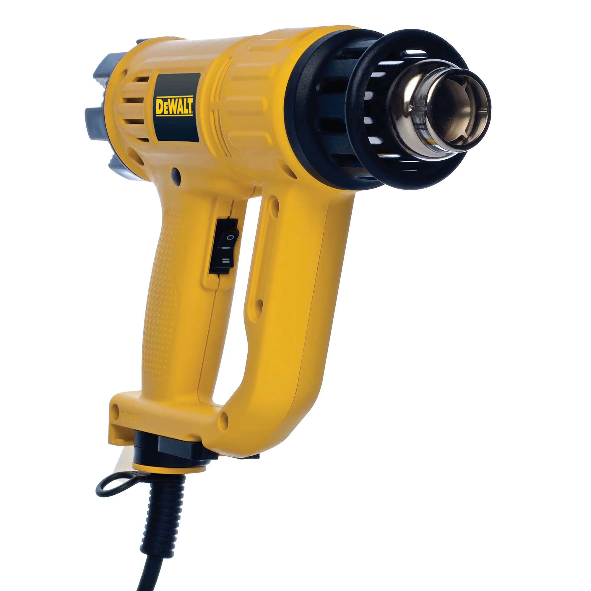 A yellow DEWALT heat gun with a black nozzle, trigger handle, and power switch, shown against a plain white background.