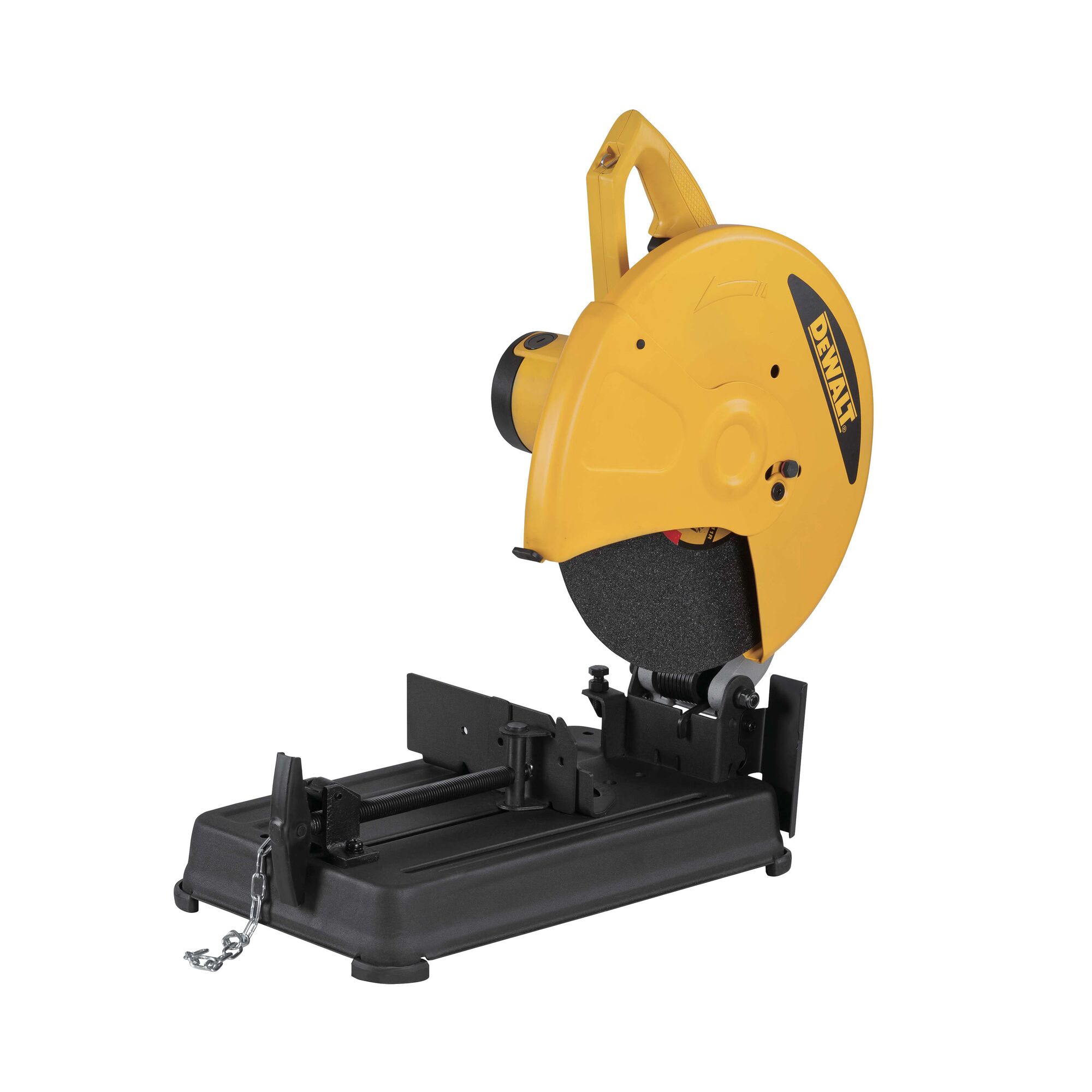 A yellow and black DEWALT metal cutting saw, model D28720, shown on a white background. The saw has a large circular blade, a handle for manual operation, and is mounted on a sturdy black base with a chain for securing materials.