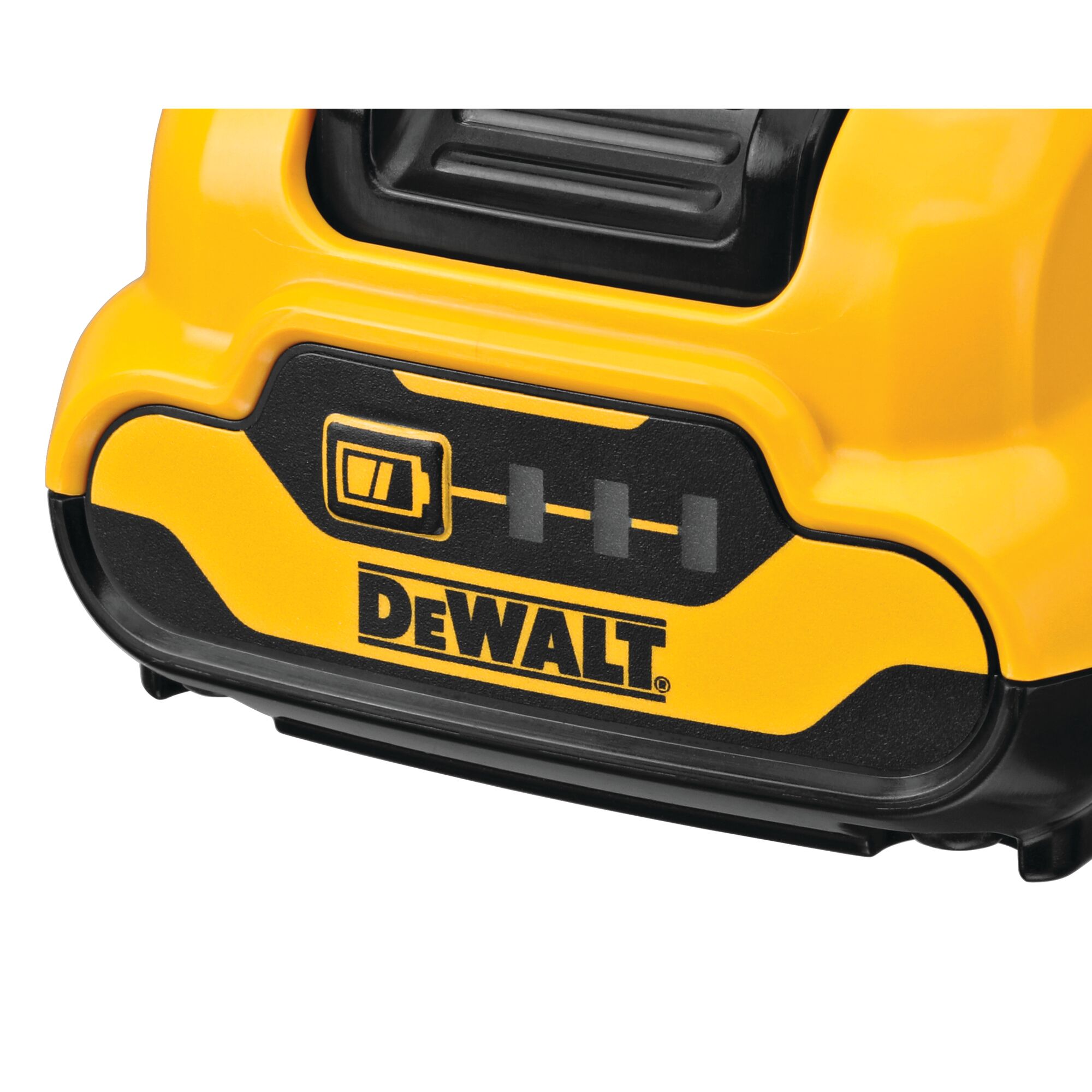 Close-up of a yellow and black DEWALT battery pack with battery indicator lights.