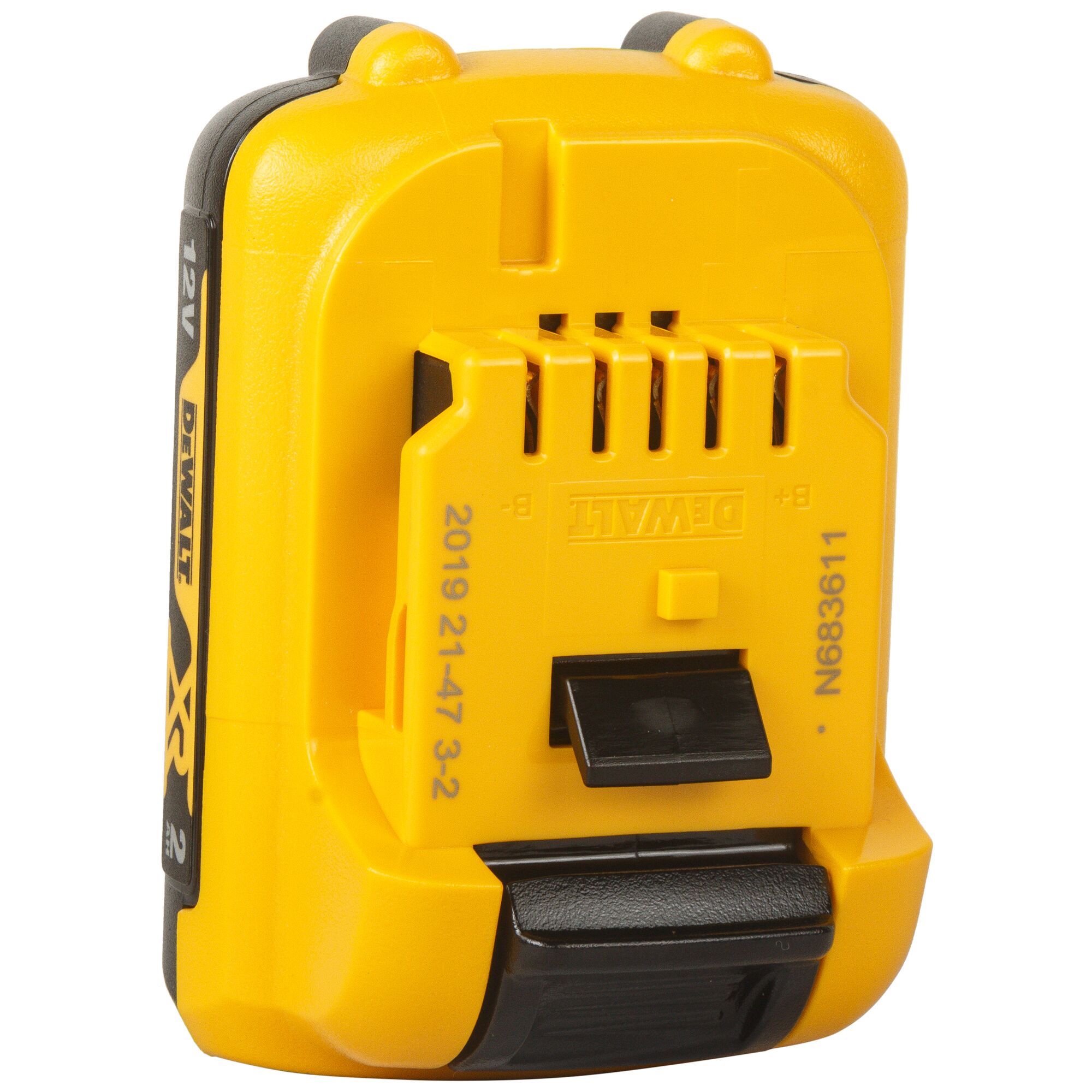A close-up image of a DEWALT 12V XR lithium-ion battery, model DCB127, showcasing the yellow casing and connector slots.