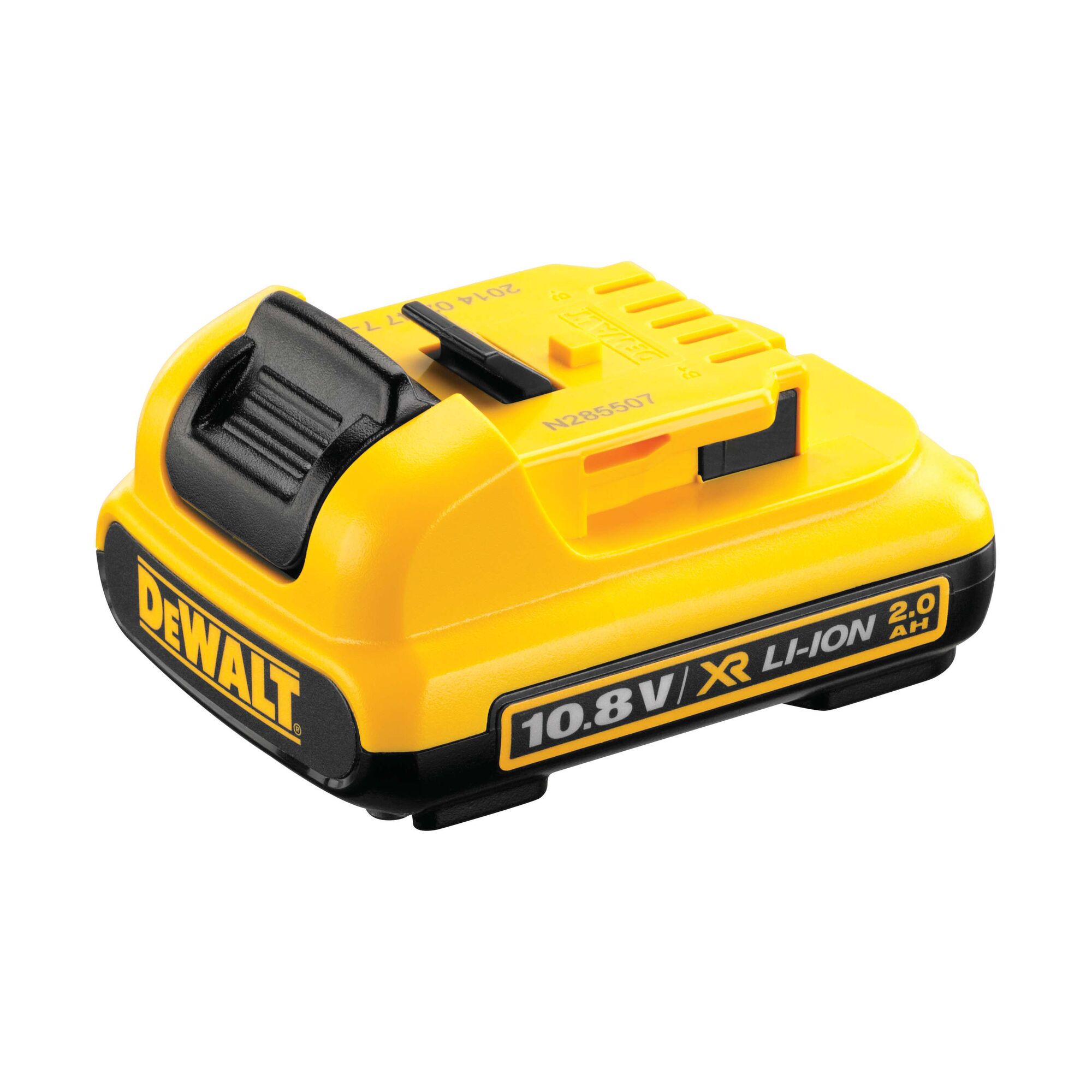 A DEWALT branded yellow and black lithium-ion battery, model DCB127, with a capacity of 2.0 Ah and voltage of 10.8V XR, designed for power tools.