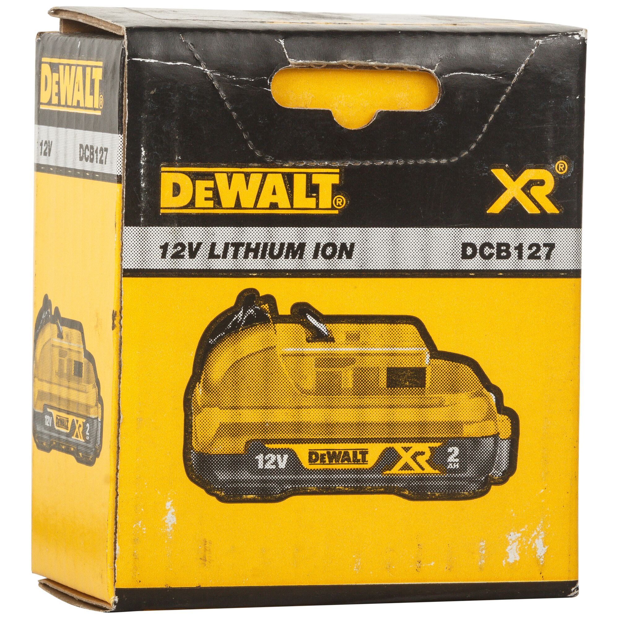 Box of DEWALT DCB127 XR 12V Lithium Ion battery, showing the brand logo and product image on the yellow and black packaging.