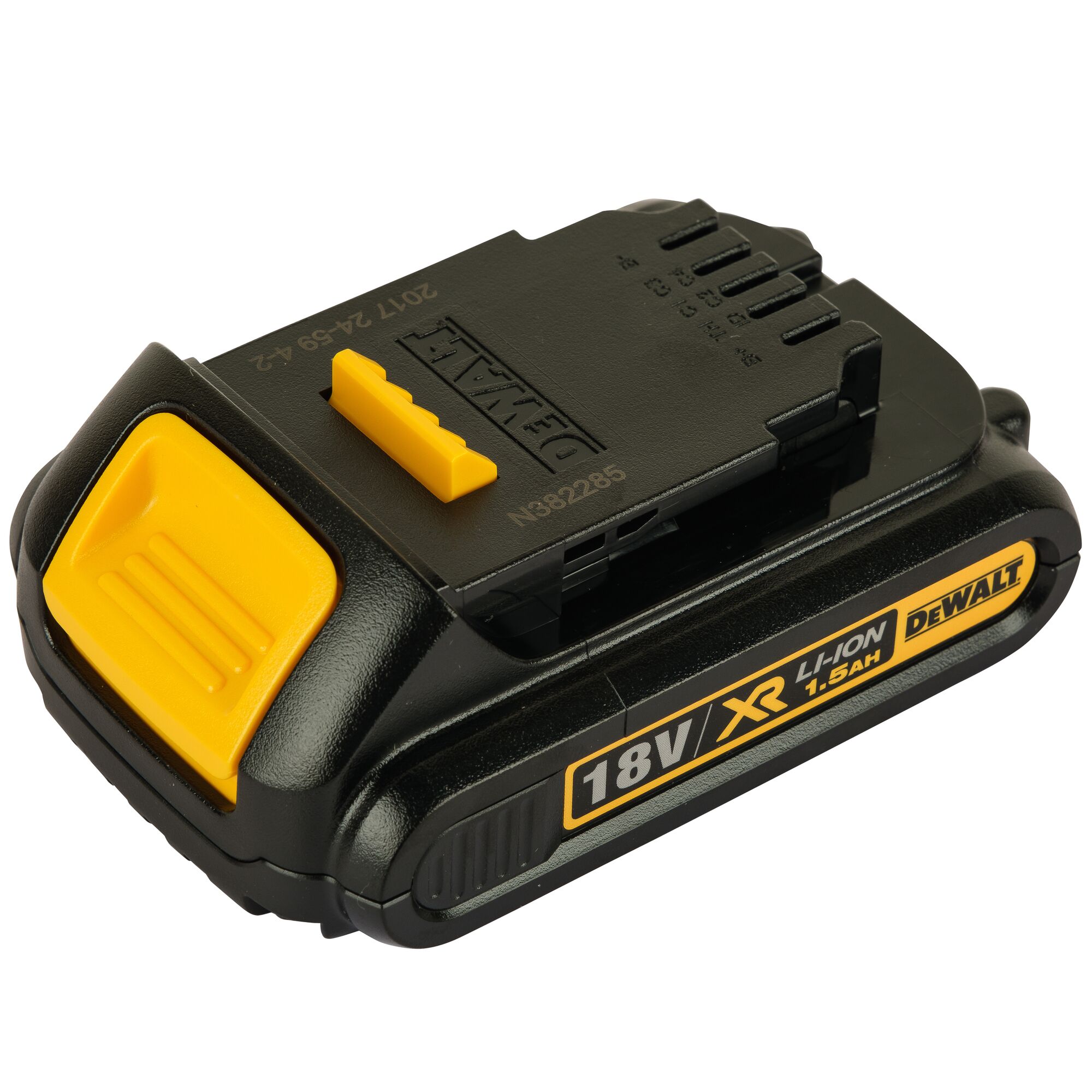 A DEWALT 18V XR Li-Ion 1.5Ah rechargeable battery pack, primarily black with yellow accents and branding, designed for use with power tools.