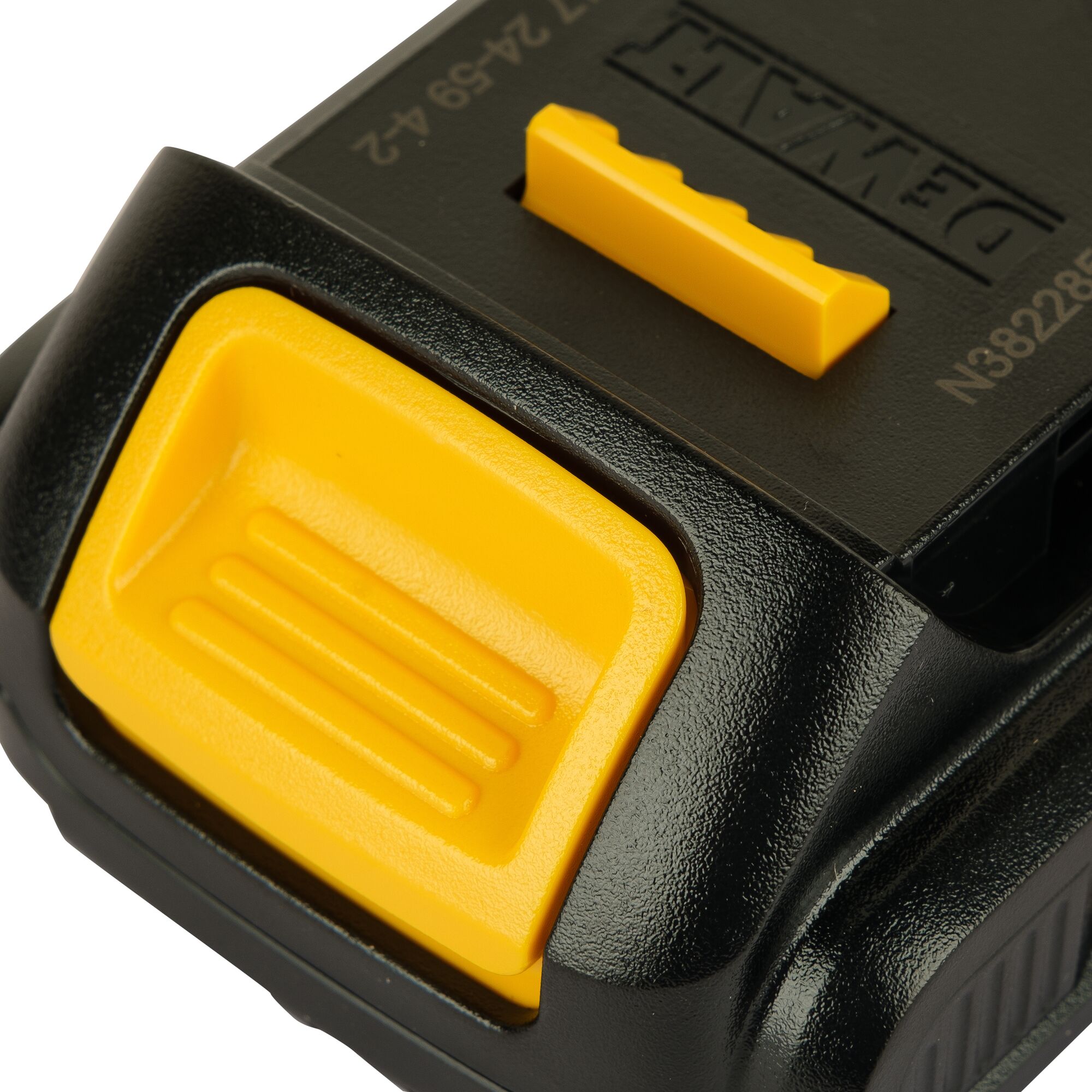 Close-up image of a DEWALT DCB181 rechargeable battery pack, showing black and yellow detailing and textured plastic surfaces.