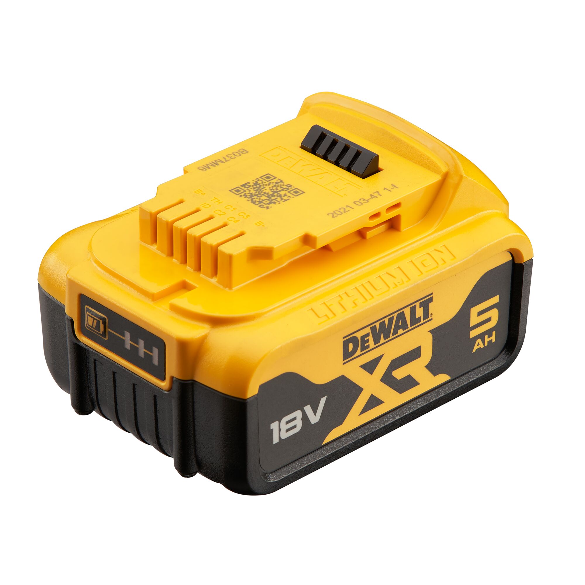 A DEWALT XR Lithium-Ion battery, model DCB184, with 18V and 5Ah capacity. The battery is yellow and black, featuring branding and technical specifications printed on its surface.