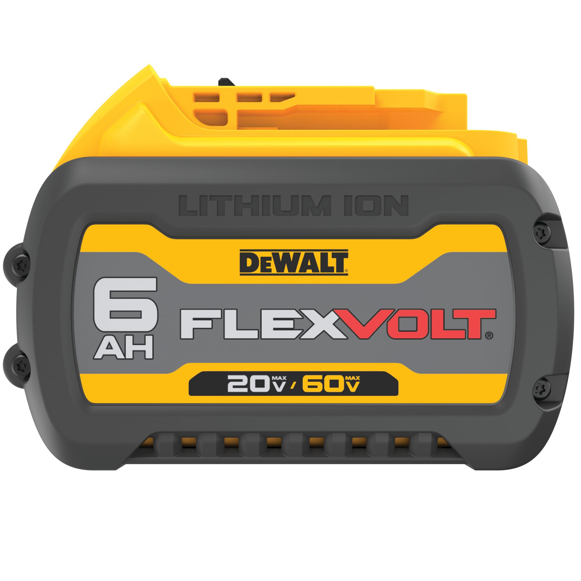 A DEWALT FLEXVOLT 6Ah lithium-ion battery with yellow and black casing, showing 20V/60V max voltage specifications.