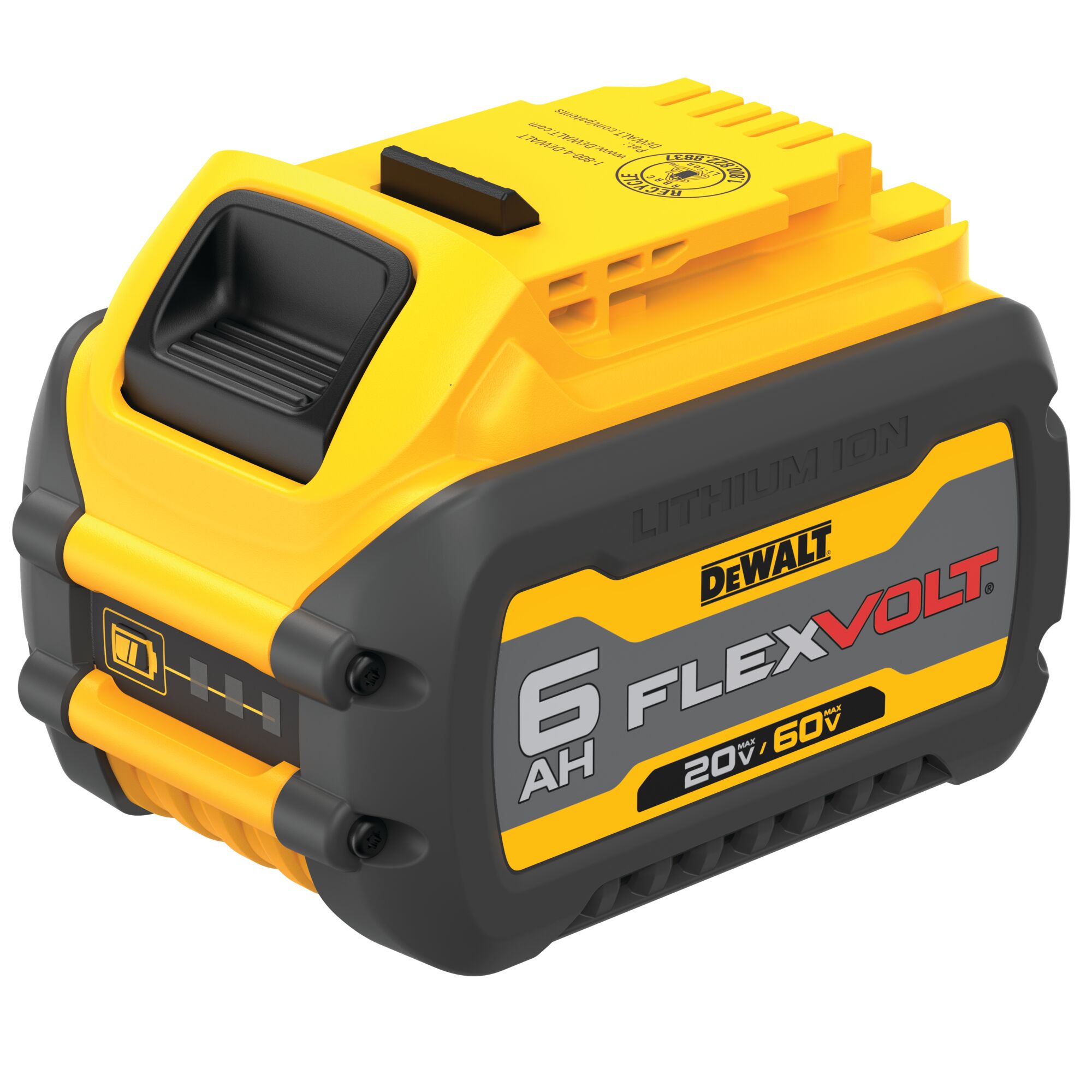 Close-up image of a DEWALT DCB606 FLEXVOLT lithium-ion battery. The battery is yellow and black, displays 6 AH capacity, and operates at 20V/60V max. The DEWALT logo is visible.