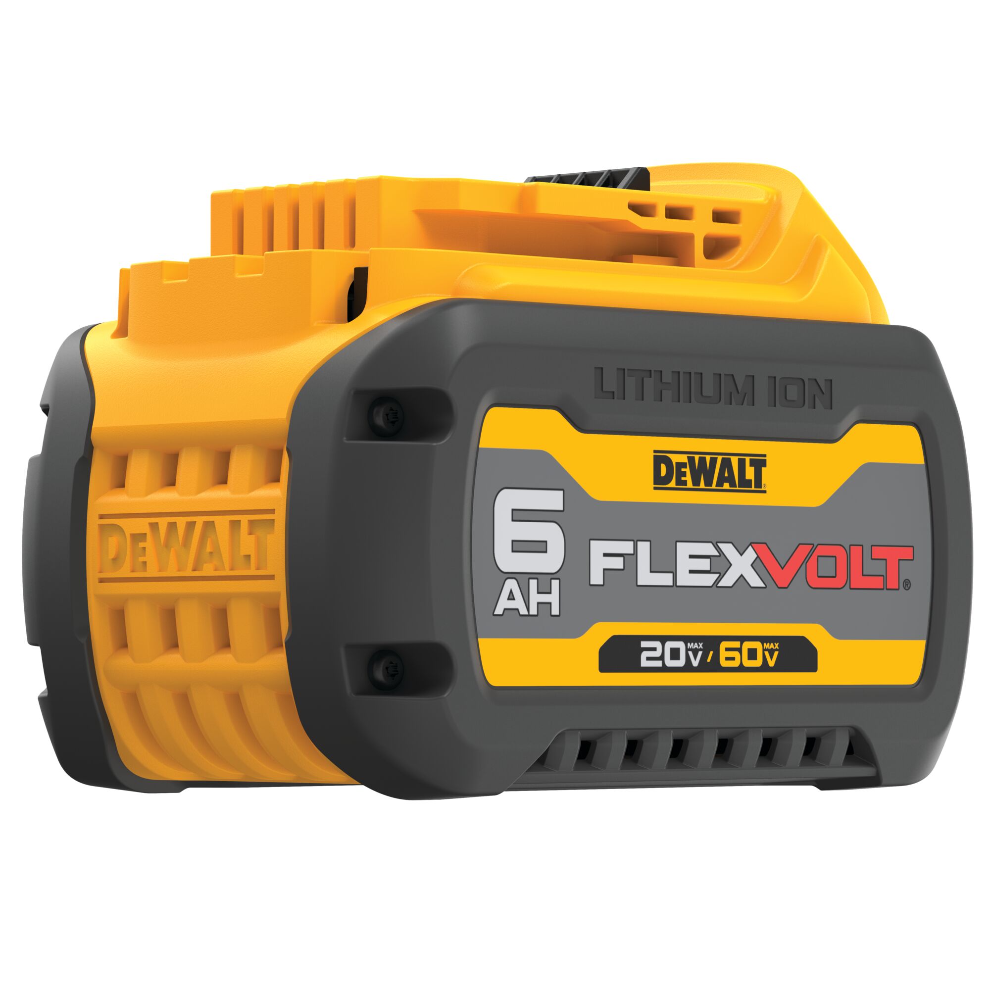 A close-up image of a DEWALT FlexVolt lithium ion battery pack, model DCB606. The yellow and black battery features a 6Ah capacity and supports 20V/60V power tools.