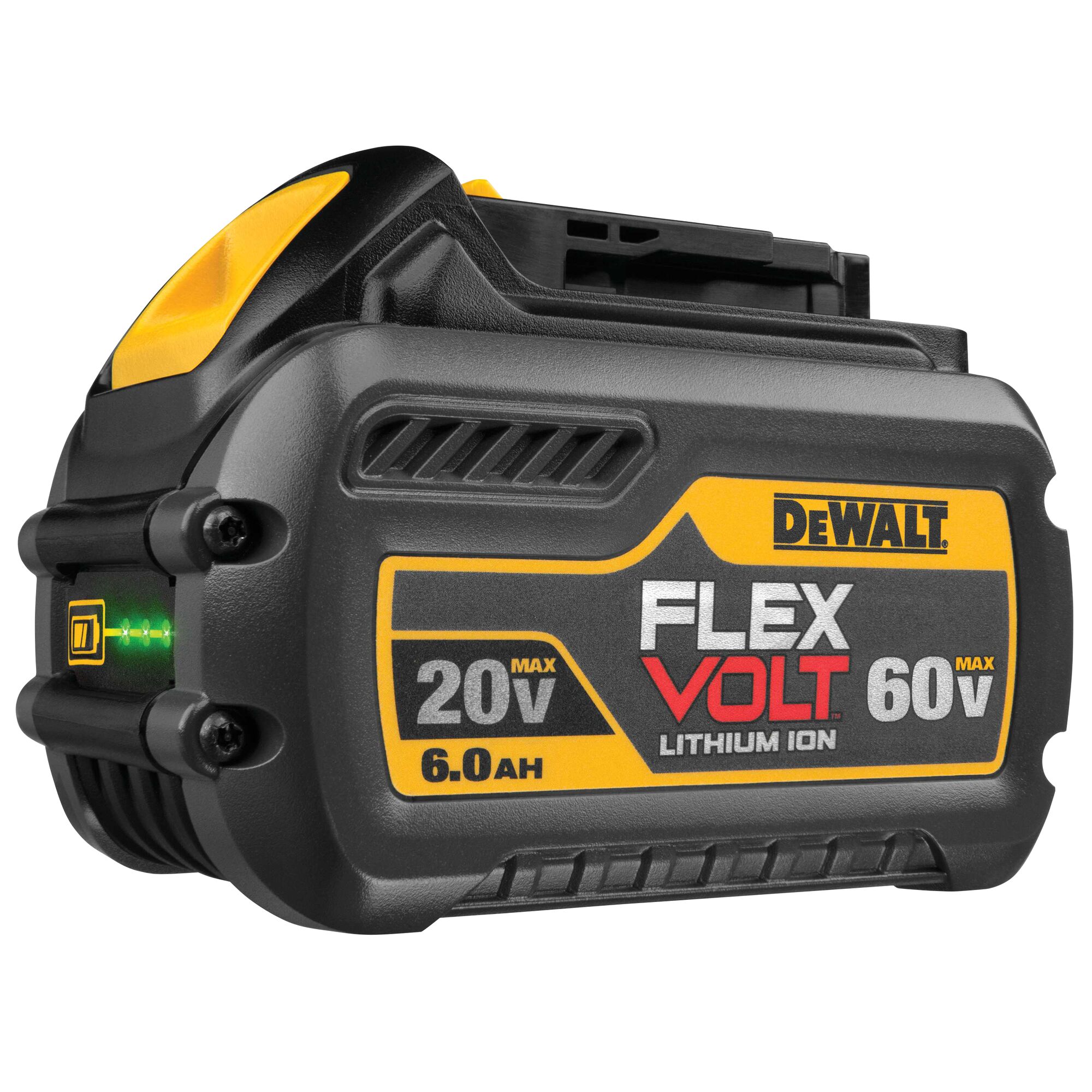 A DEWALT FlexVolt lithium ion battery with yellow and black casing, labeled 20V/60V MAX and 6.0 Ah.