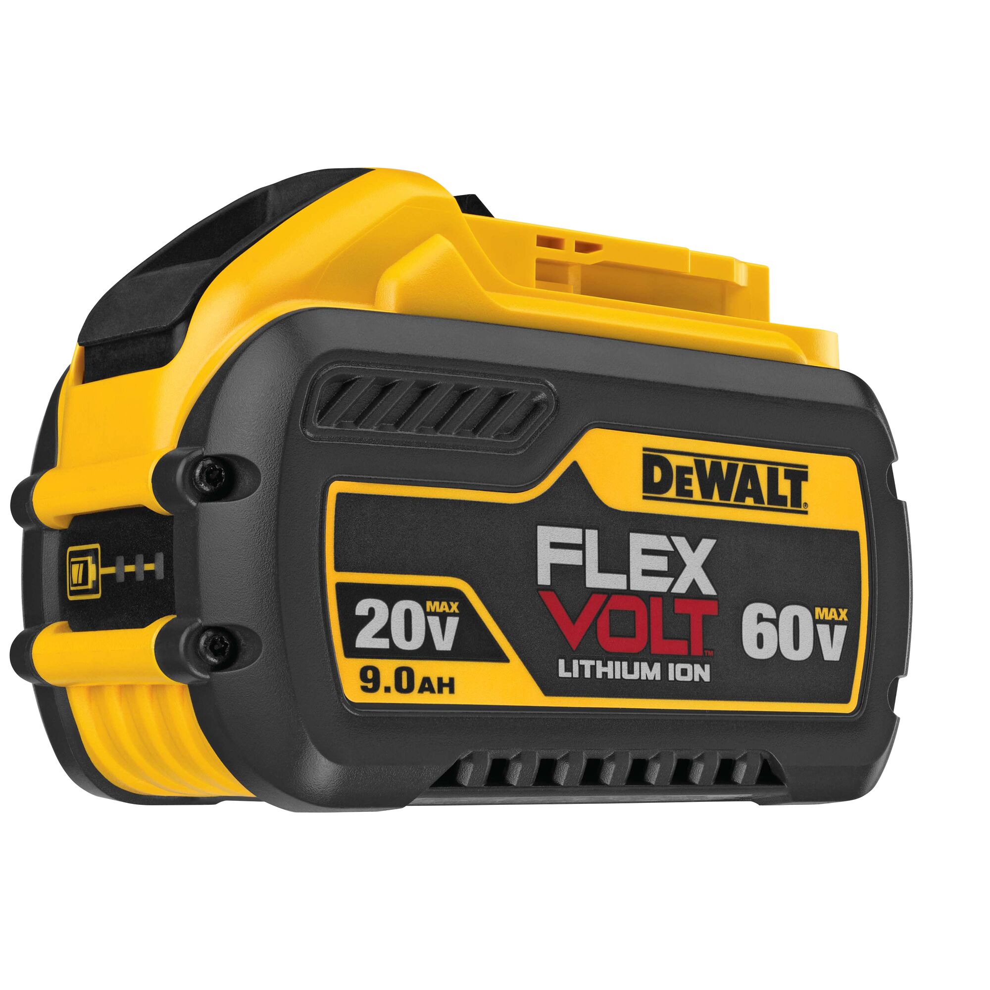 A DEWALT FLEXVOLT lithium ion battery, model DCB609, with yellow and black housing. The battery displays specifications of 20V Max and 60V Max with a capacity of 9.0 Ah.