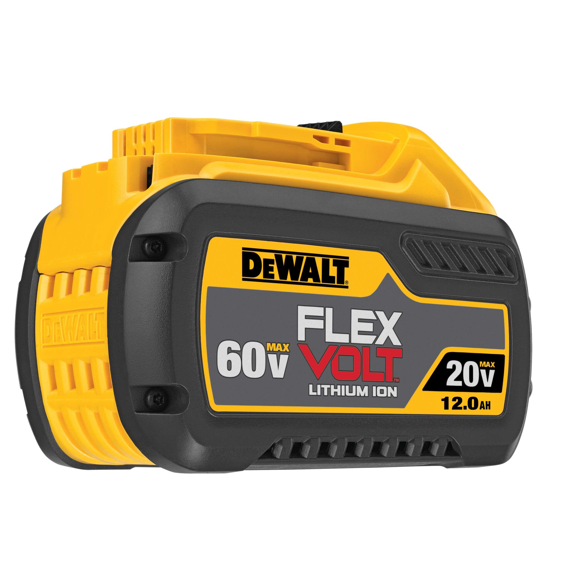 DEWALT FLEXVOLT lithium ion battery pack, model DCB612, yellow and black color, labeled with 60V max, 20V max, and 12.0 Ah.