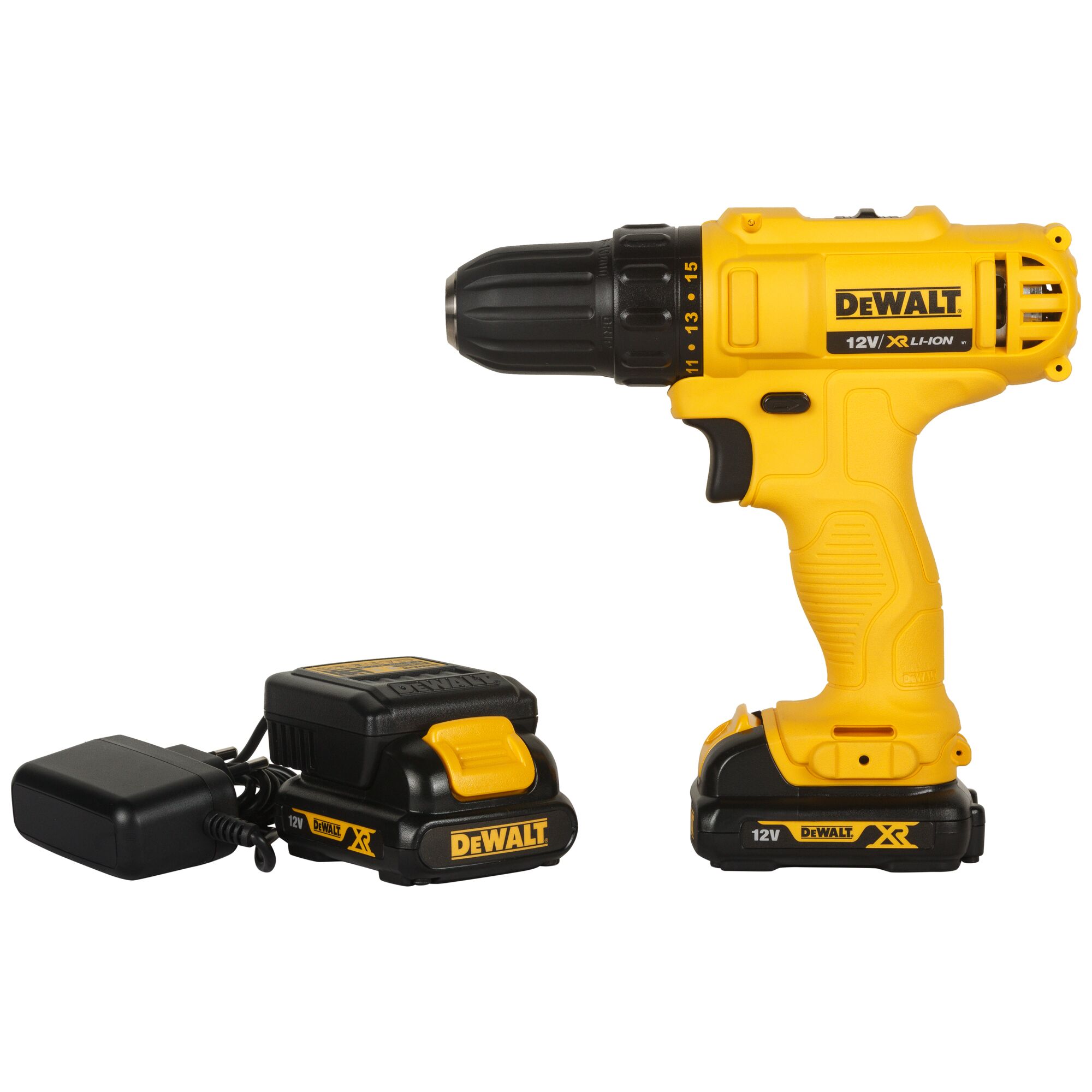 A DEWALT 12V XR Li-Ion cordless drill set, including a yellow and black power drill, a battery, and a battery charger.