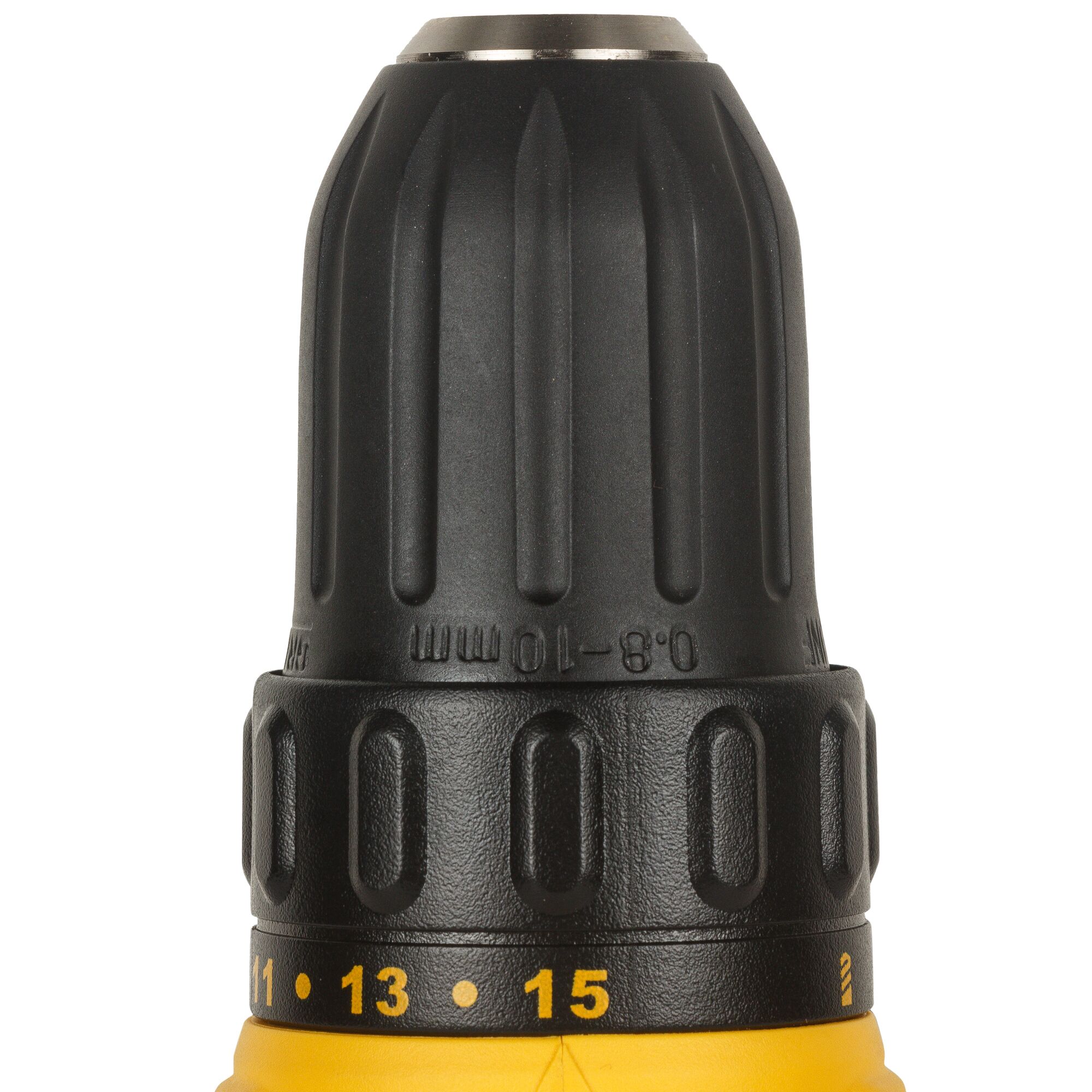 Close-up of the black and yellow chuck and torque adjustment ring on a DEWALT cordless drill, showing torque settings and measurement markings.