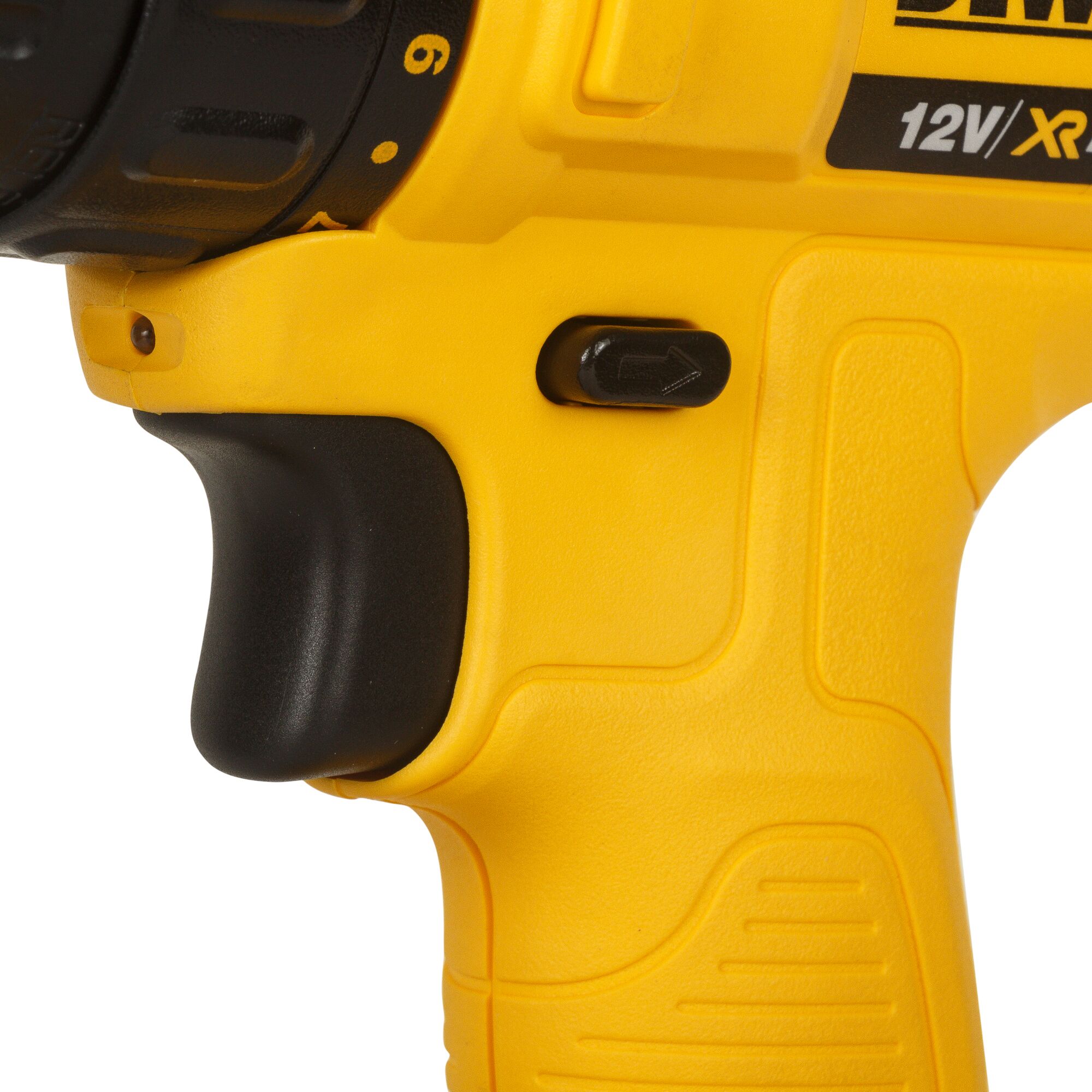 Close-up image of a yellow DEWALT 12V XR cordless drill handle, showing part of the grip, forward/reverse switch, and trigger.
