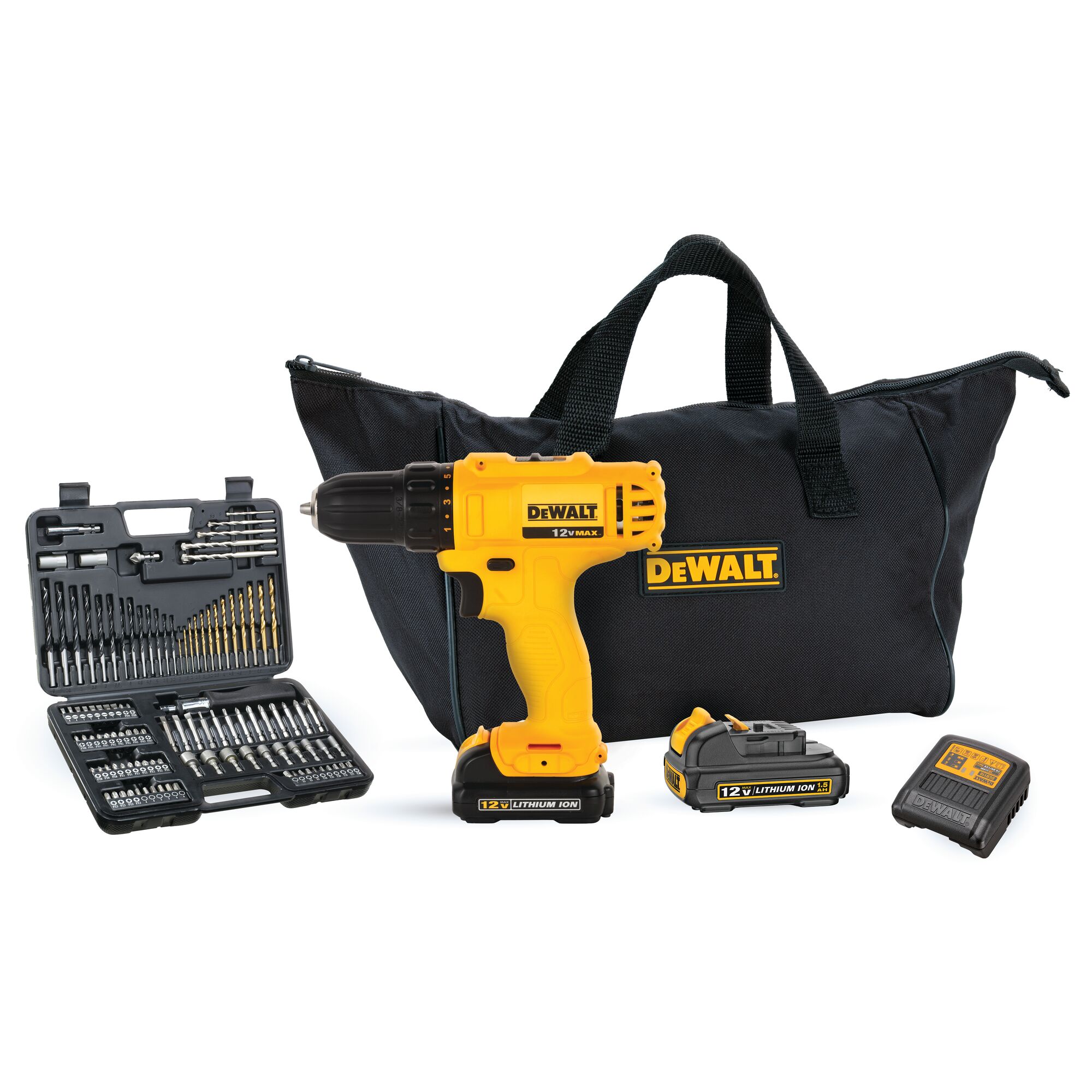 A DEWALT cordless power drill set including a yellow and black drill, a black carrying bag with DEWALT logo, a battery charger, two 12V lithium-ion batteries, and an open case with various drill bits and screwdriver accessories.