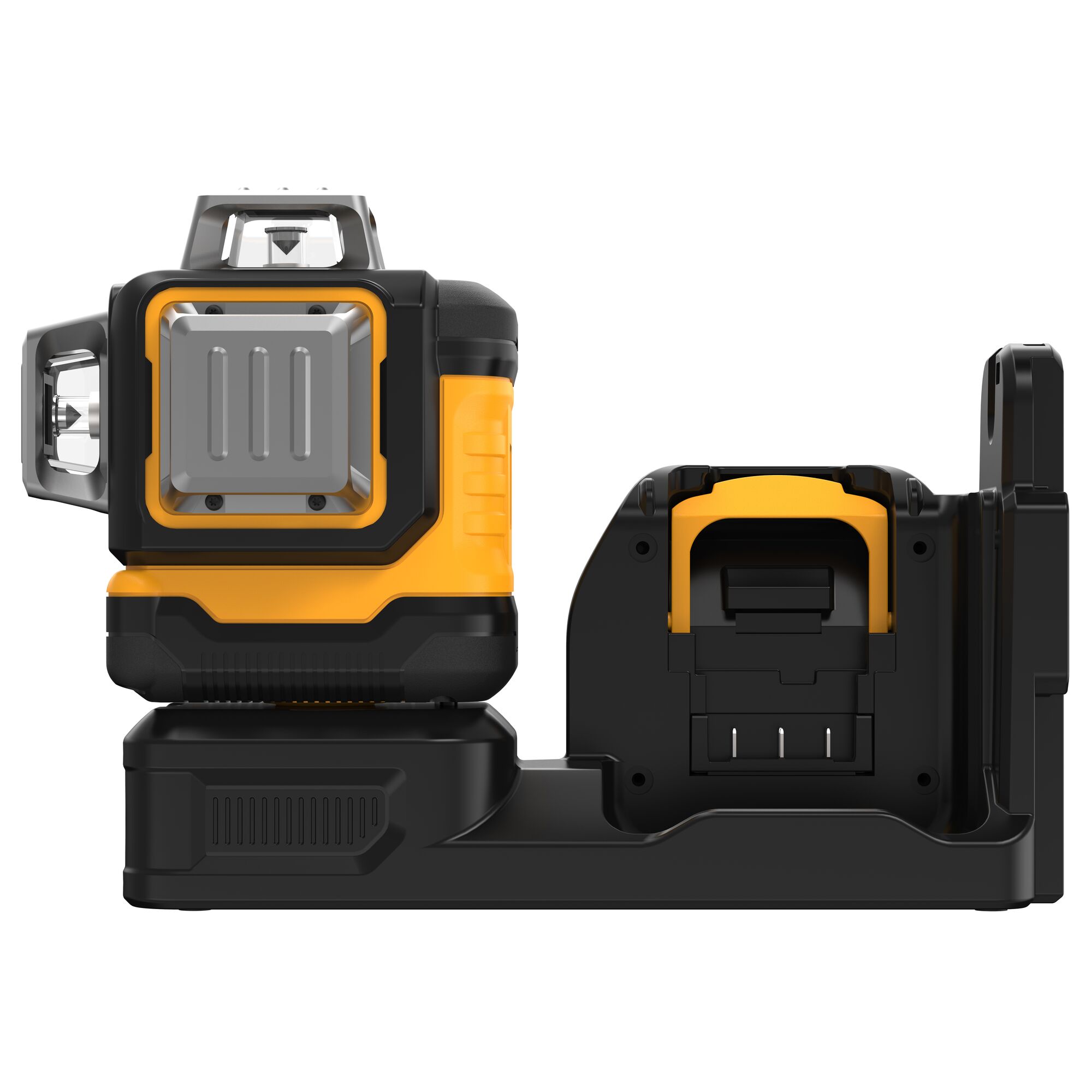 A DEWALT DCE089NG18 laser level and charger unit, featuring a compact design with a yellow and black color scheme.