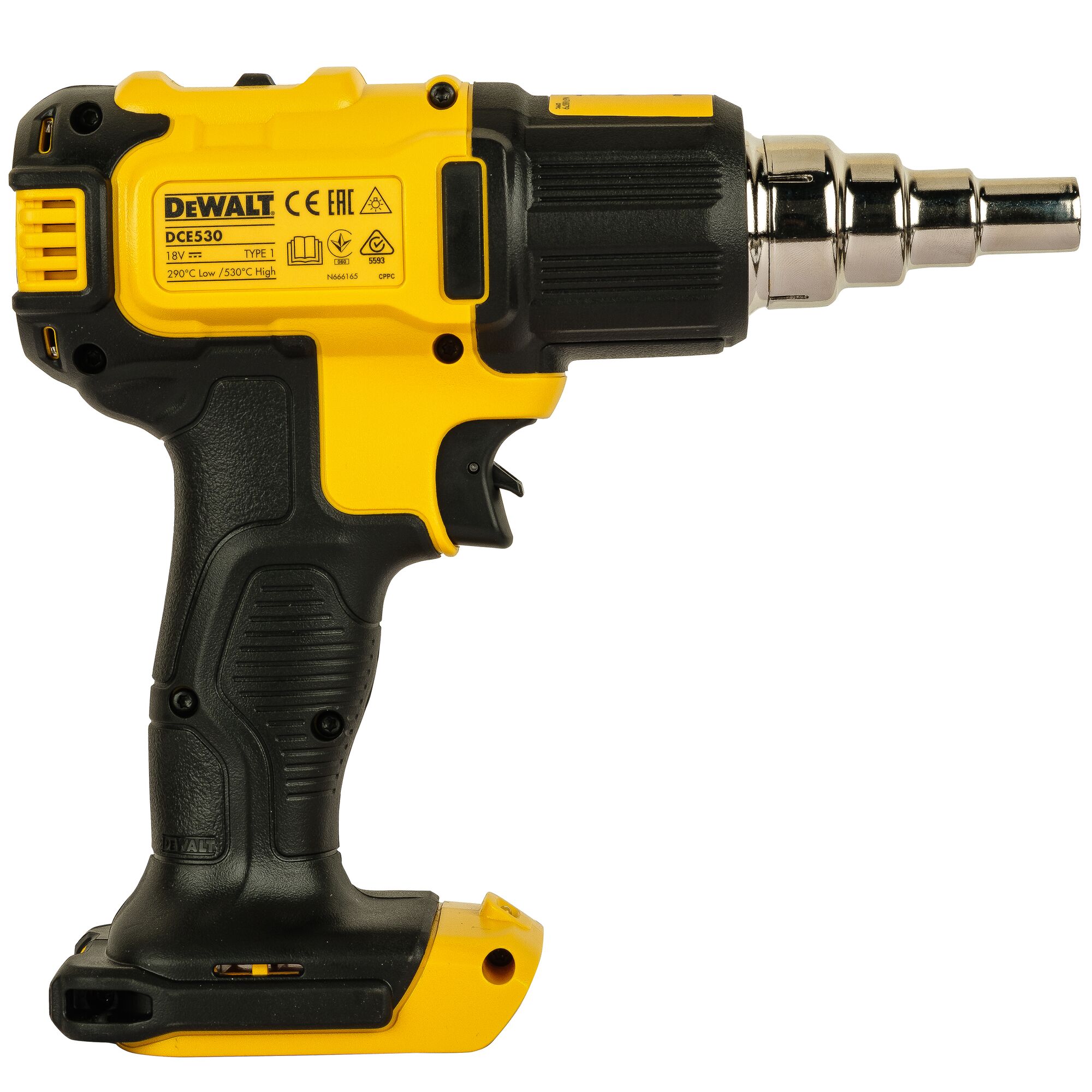 A yellow and black DEWALT cordless heat gun model DCE530N, shown in profile. The tool has a pistol grip and a metallic nozzle with several stepped sections.