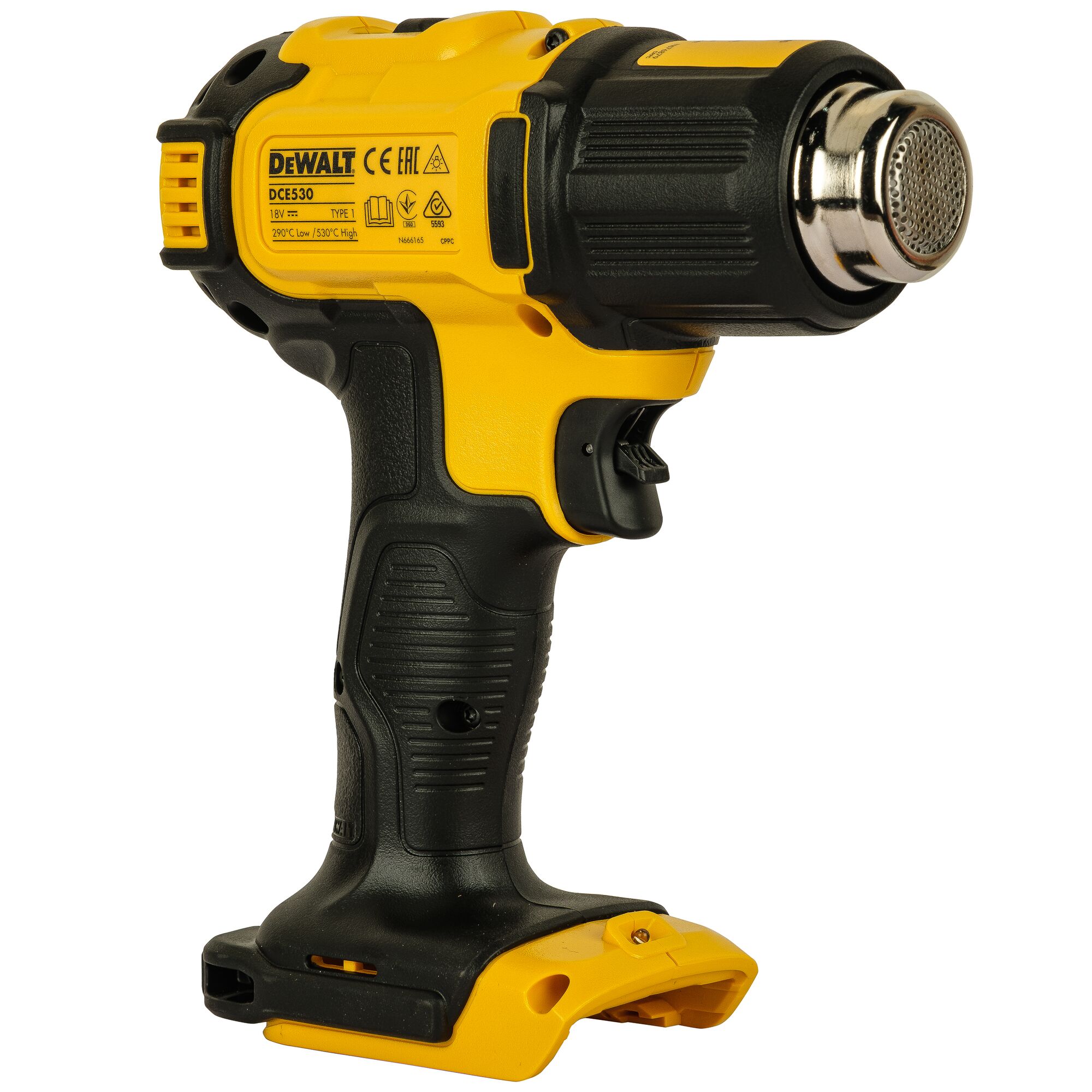 A DEWALT DCE530N cordless heat gun tool in yellow and black, shown standing upright. The tool features a trigger and a metal nozzle at the front, and the battery compartment is visible at the base.