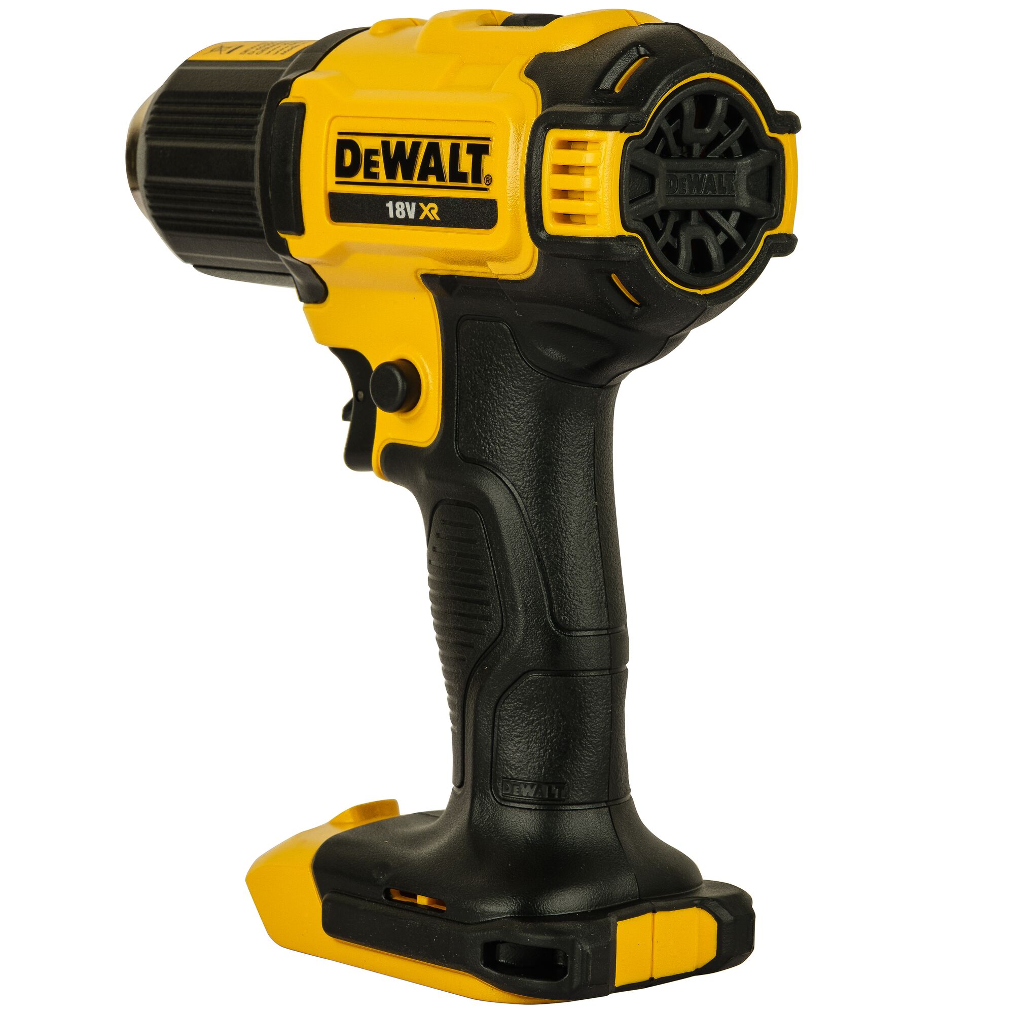 A yellow and black Dewalt DCE530N 18V XR cordless heat gun, shown from the side on a white background.
