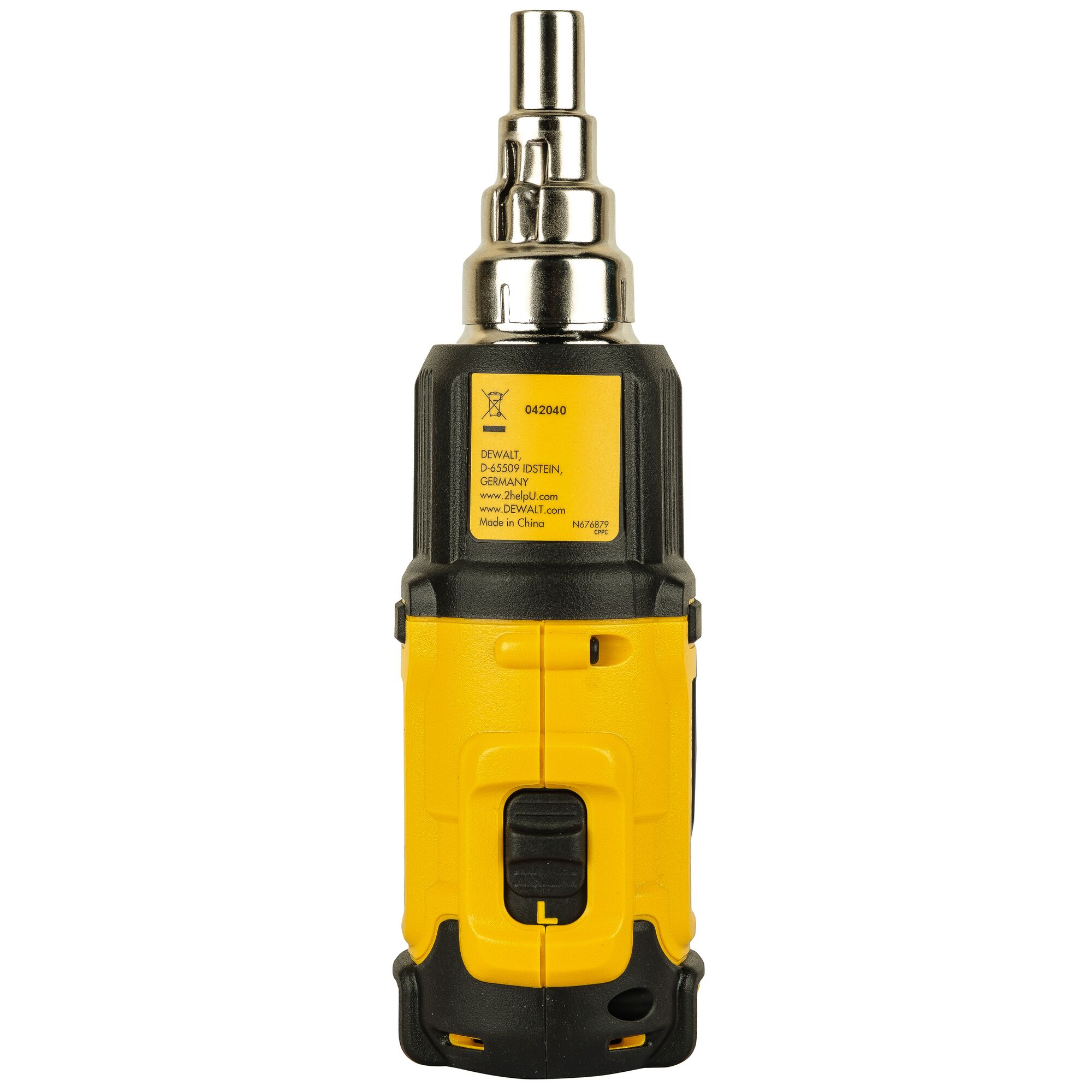 A DEWALT DCE530N cordless heat gun, featuring a yellow and black design with a metal nozzle, shown standing upright against a white background.