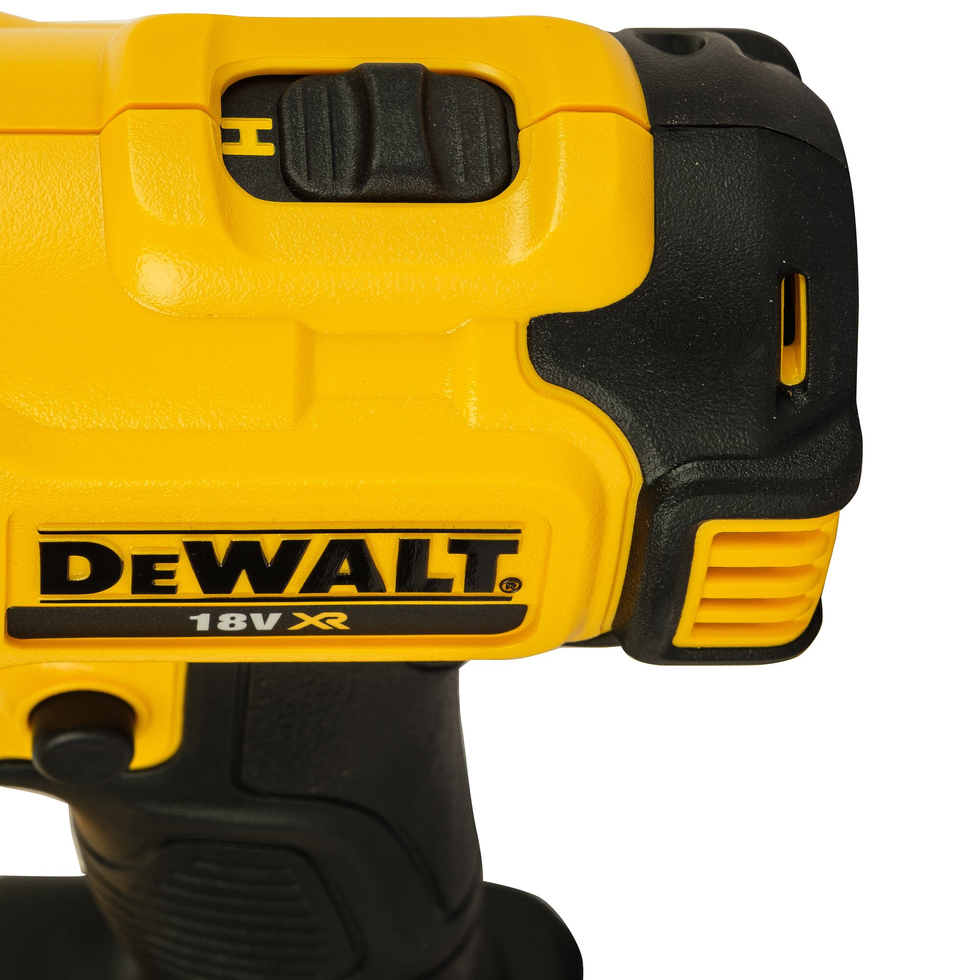 Close-up of a yellow and black DeWalt 18V XR power tool showing the brand logo and part of the handle.
