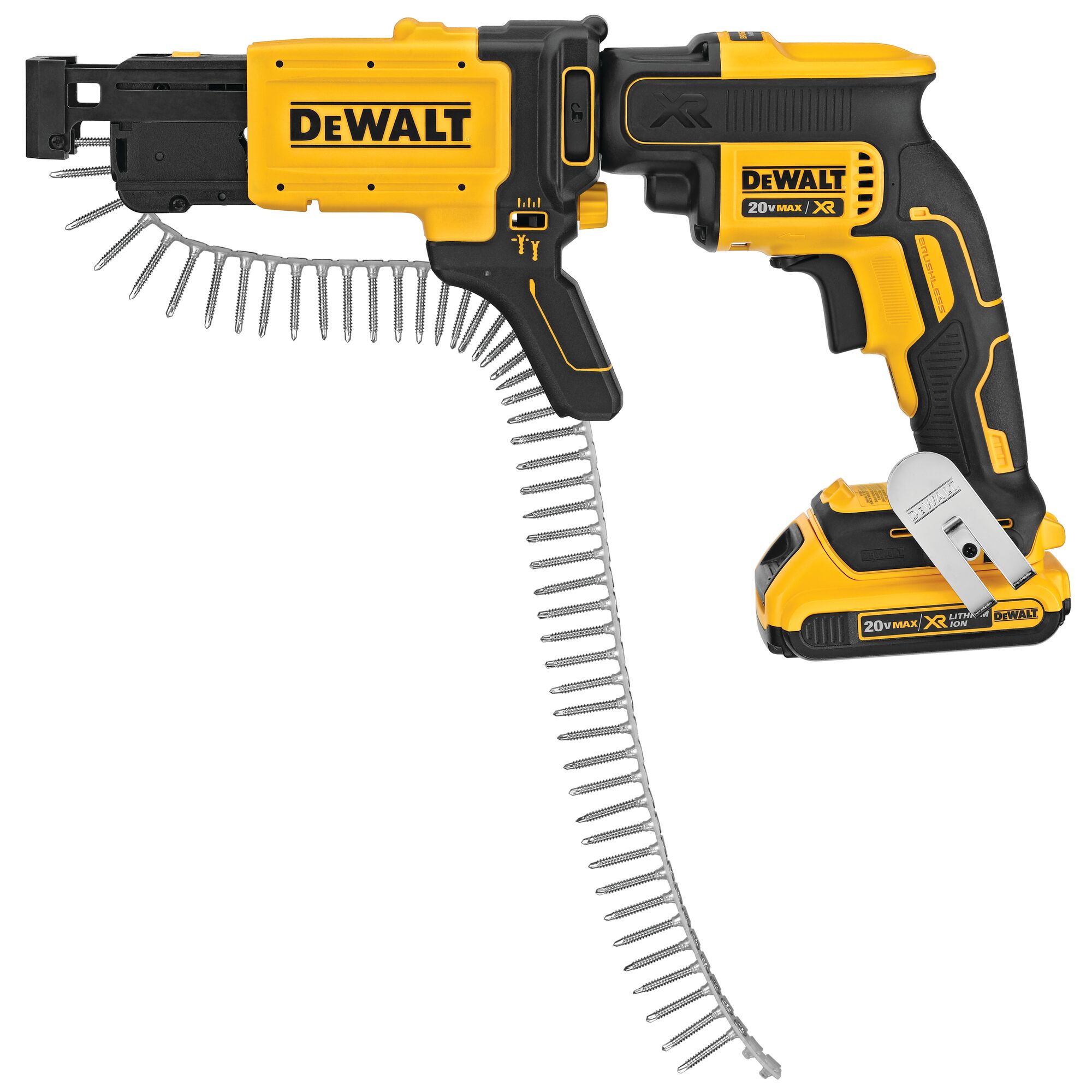 A DEWALT 20V MAX XR cordless collated screw gun, shown with a strip of collated screws attached. The tool is black and yellow, has an ergonomic handle, and features branding and battery details on the side.