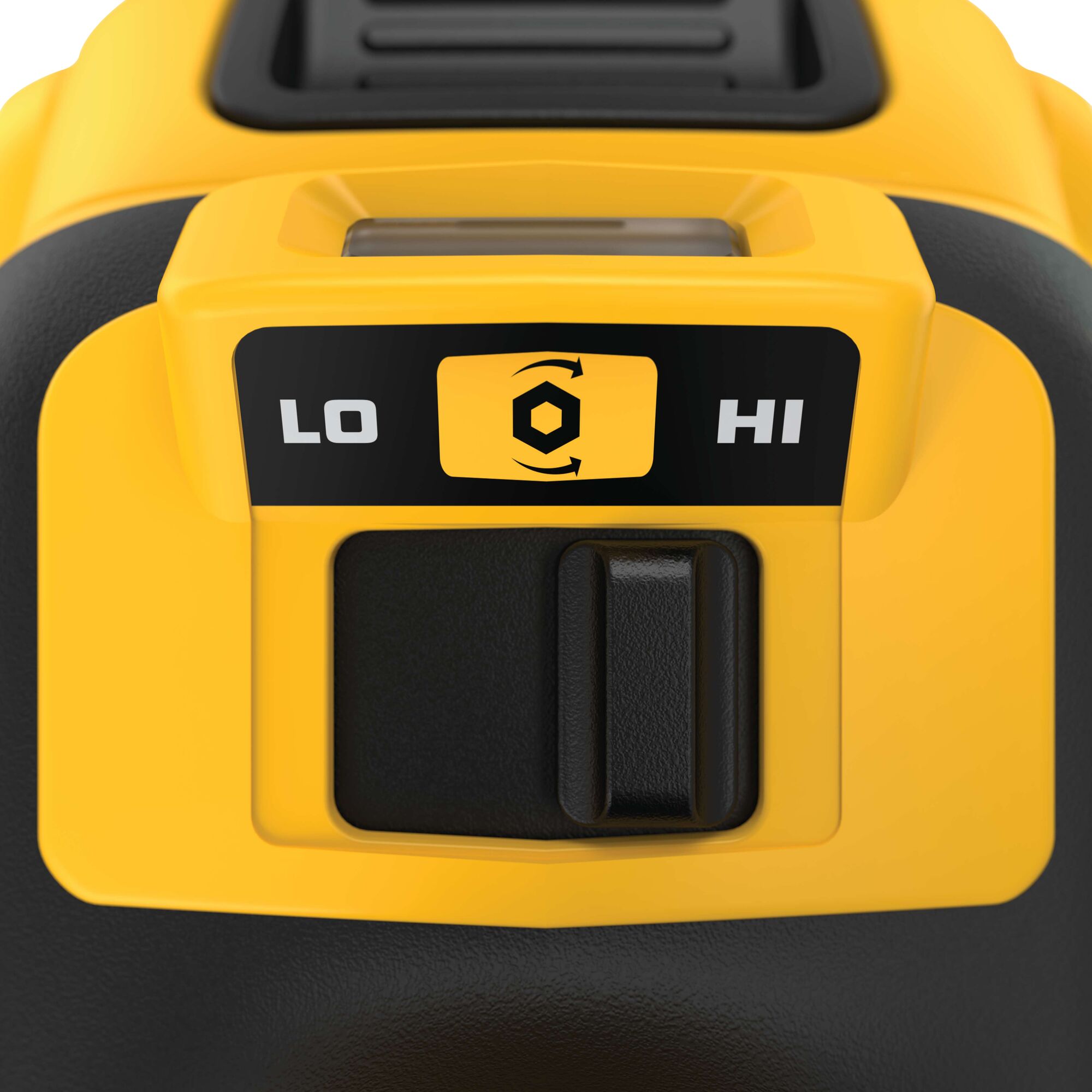 Close-up view of a DEWALT power tool speed control switch with a yellow and black design. The switch is set between 'LO' (low) and 'HI' (high) settings, and there is a rotational bolt icon in the center.