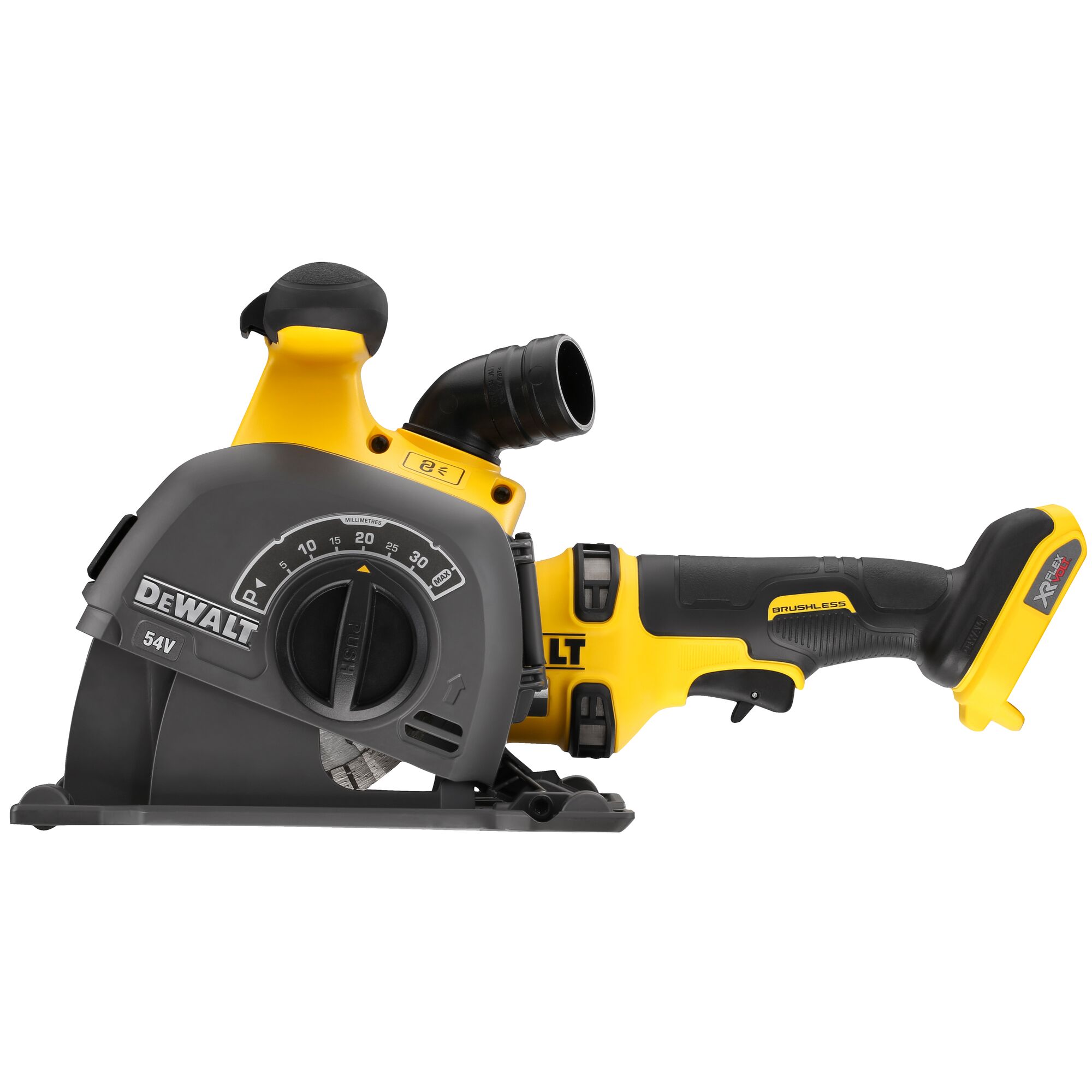 DEWALT DCG200N cordless wall chaser with adjustable depth dial, yellow and black design, side handle visible.