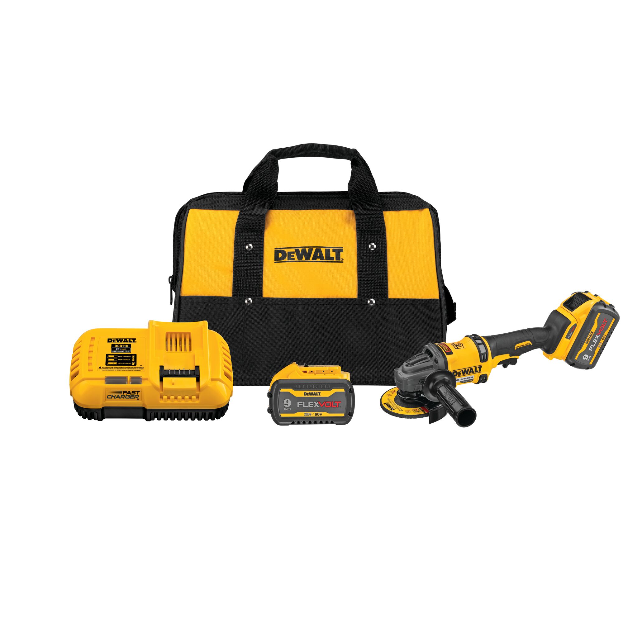 A DEWALT cordless power tool kit including a yellow and black carrying bag, a fast charger, a FLEXVOLT 9.0 Ah battery, and a cordless angle grinder.