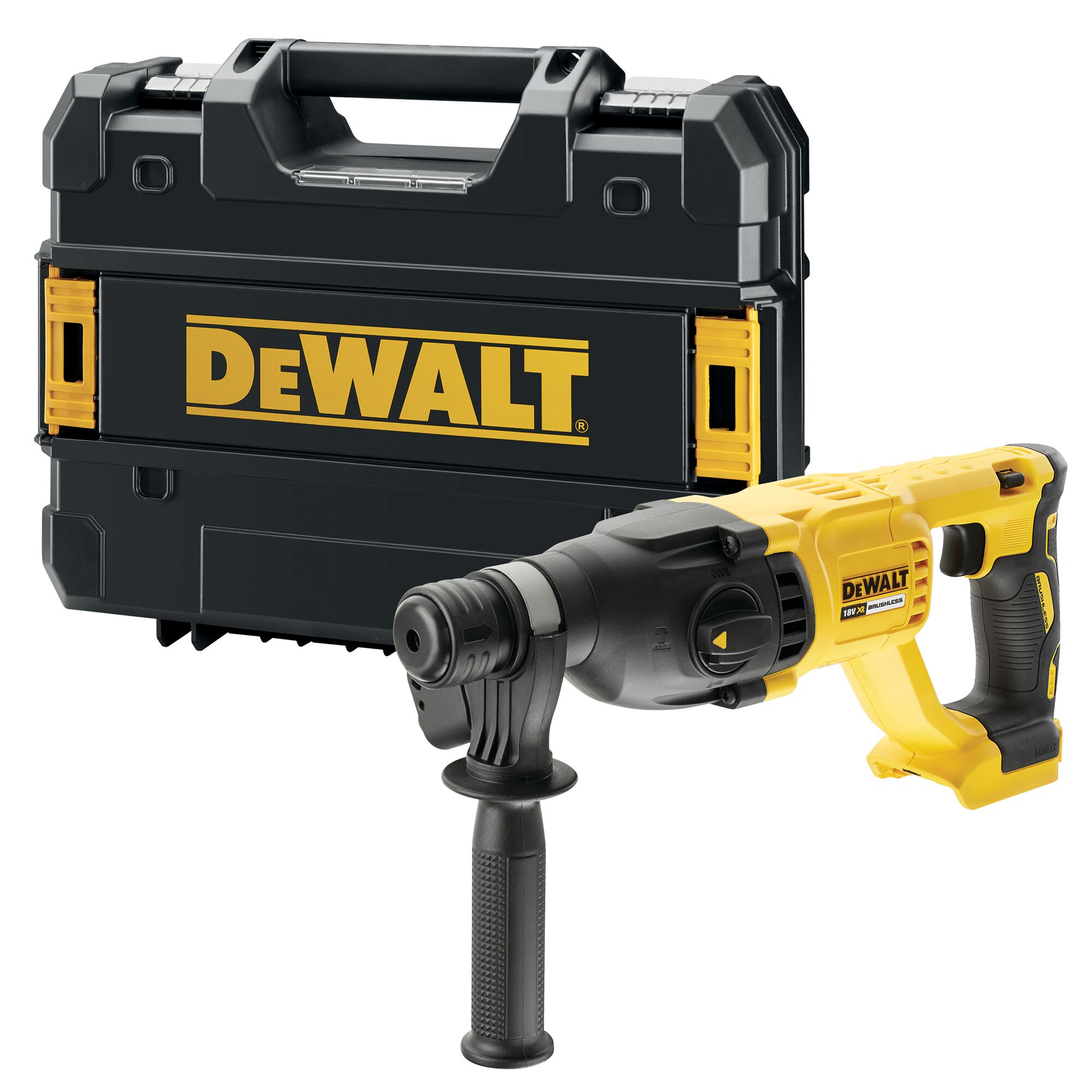 DEWALT rotary hammer drill shown with a sturdy carrying case. Yellow and black professional power tool.