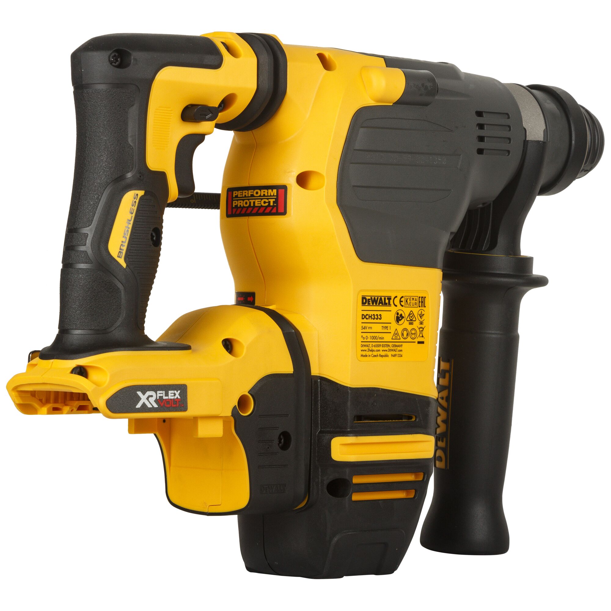A DEWALT DCH333NT cordless rotary hammer drill, shown in yellow and black with ergonomic handles, featuring XR FlexVolt and Perform & Protect labels.