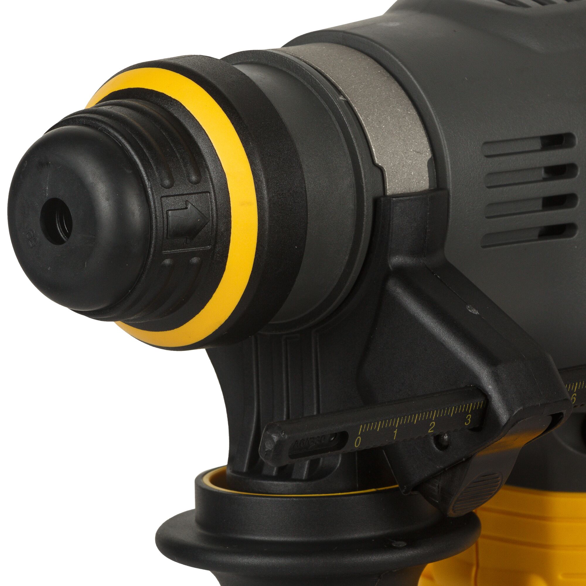 Close-up view of a DEWALT DCH333NT power tool, focusing on the front section with a black and yellow attachment and depth gauge.