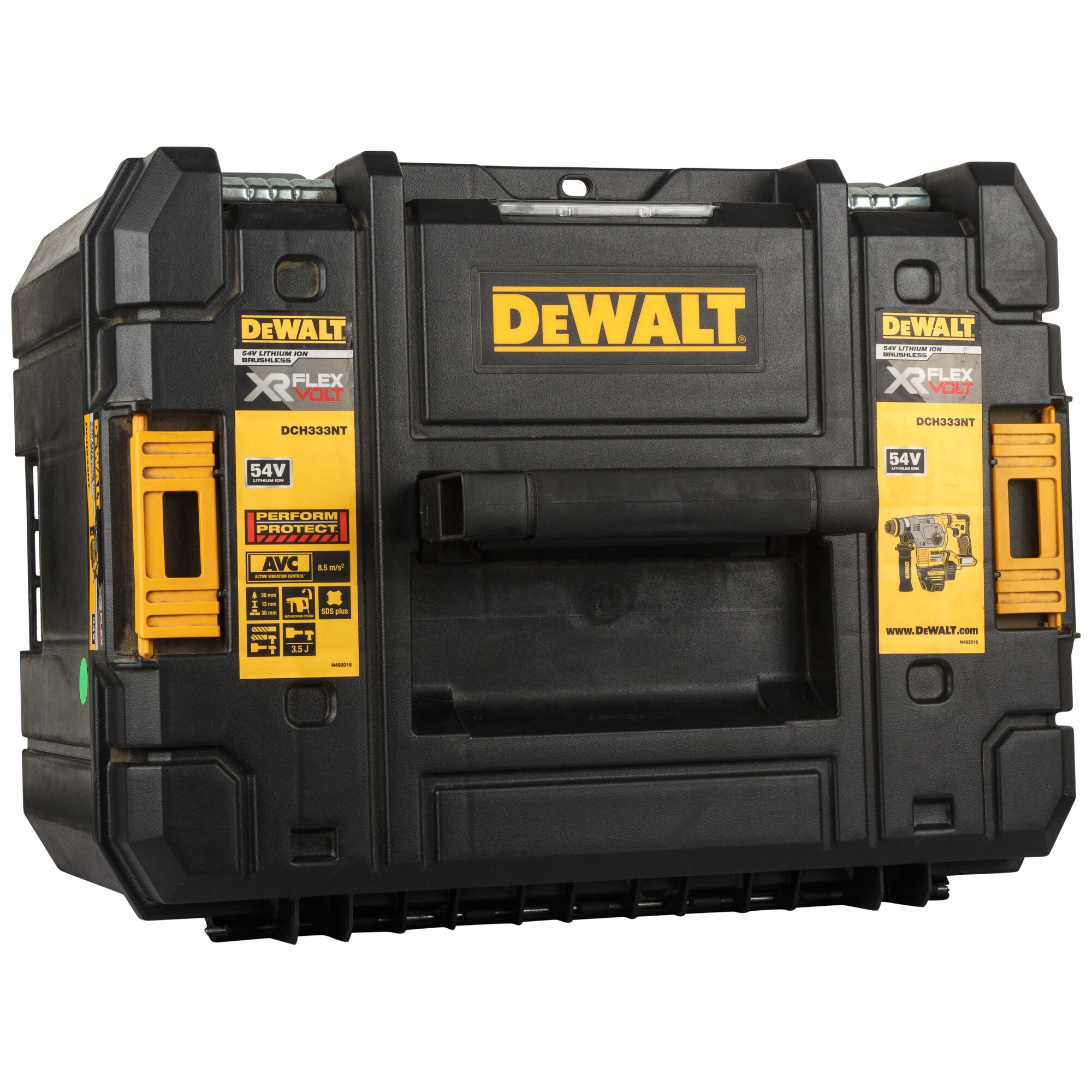 A black DEWALT hard carrying case with yellow branding and information labels for the XR FLEXVOLT DCH333NT model. The case features a sturdy handle and latches on the sides.
