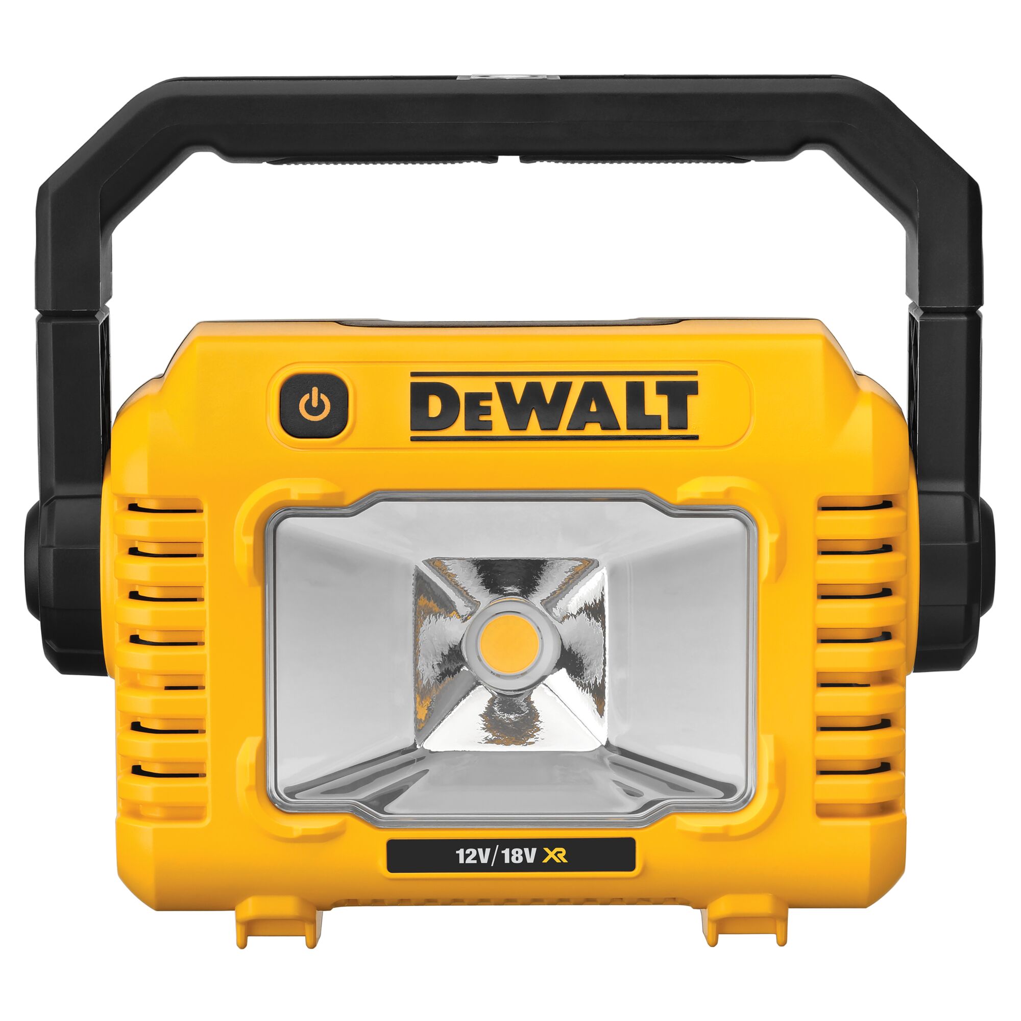 DEWALT portable LED work light with handle, yellow and black, suitable for 12V/18V XR batteries.