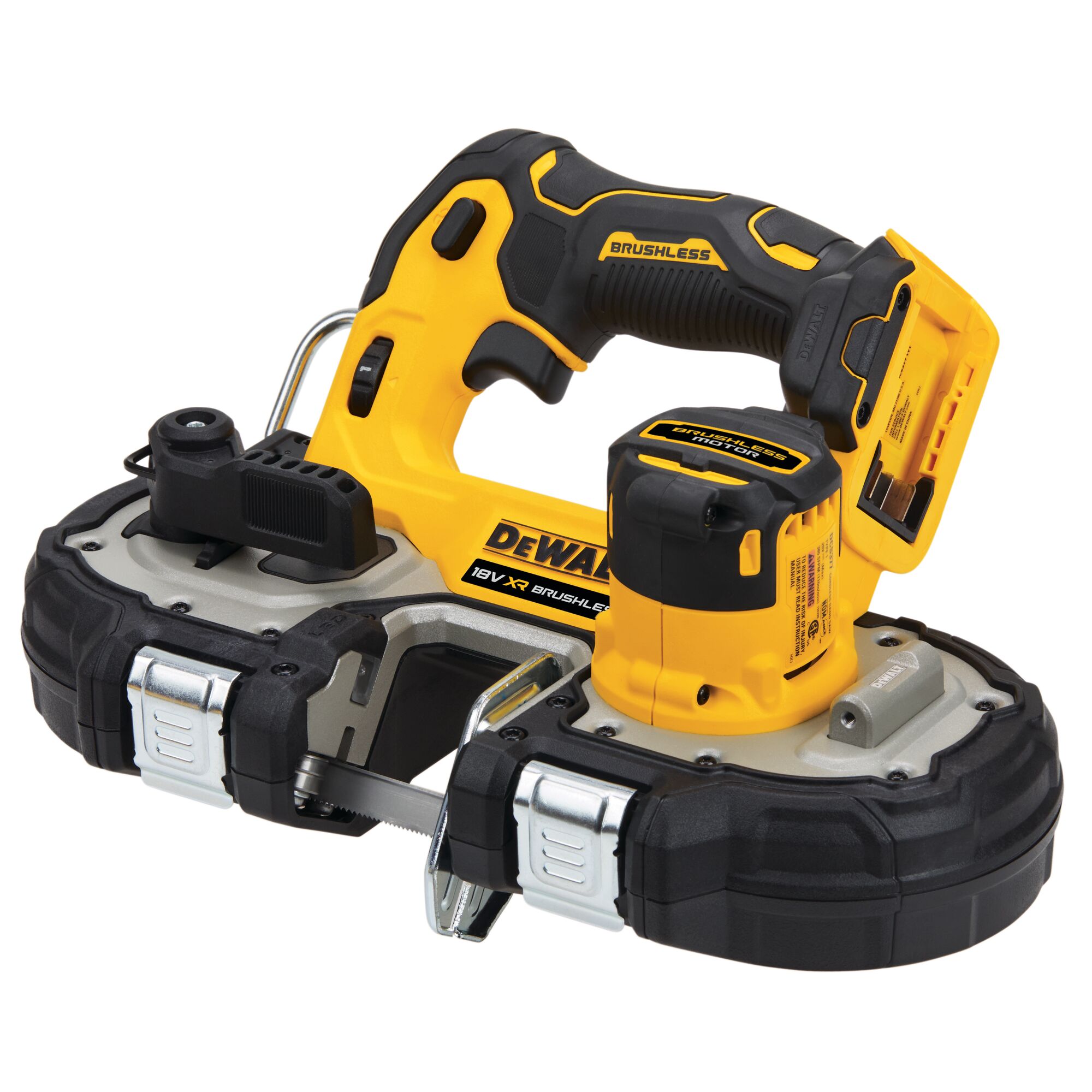 DEWALT 18V XR brushless portable band saw tool, featuring a yellow and black design with ergonomic handle and metal clamps.