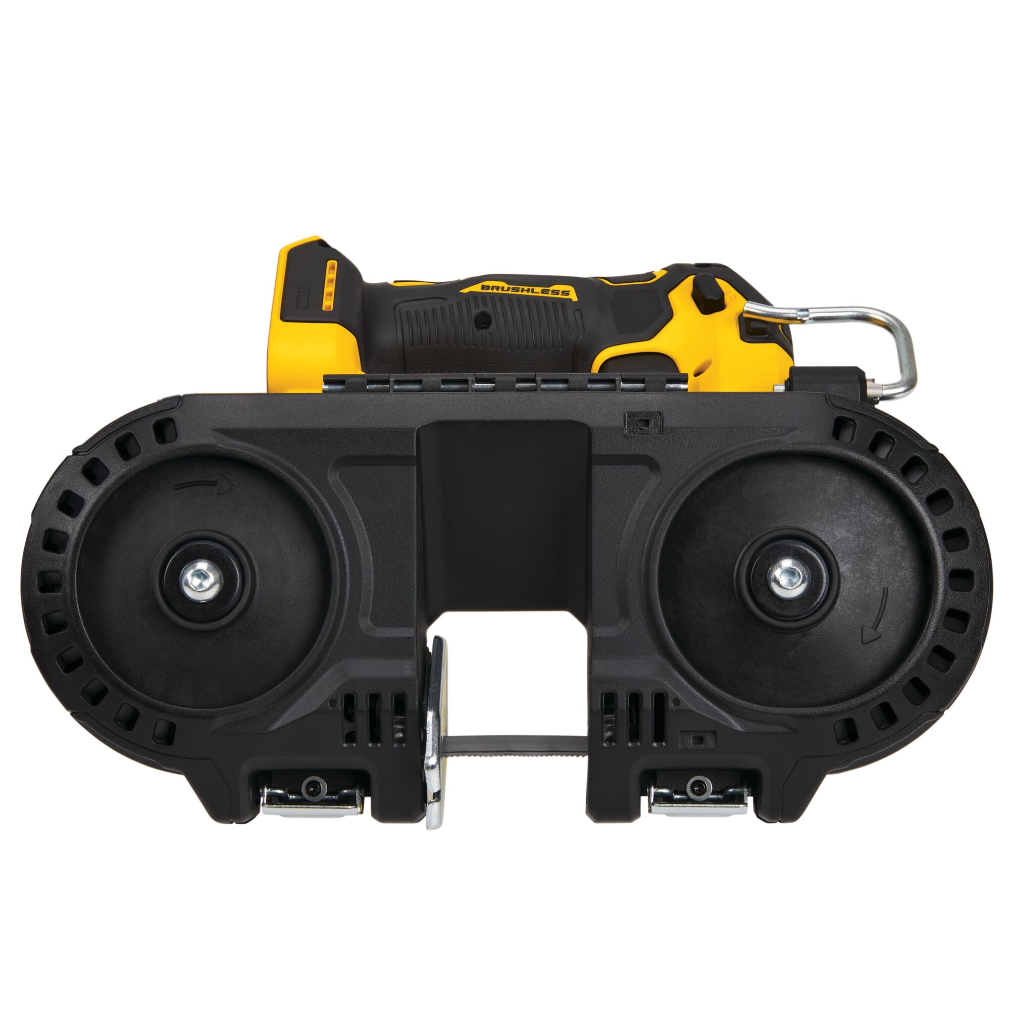 Front view of a DEWALT cordless brushless portable band saw, primarily black and yellow in color, with a compact design and visible blade between two large wheels.