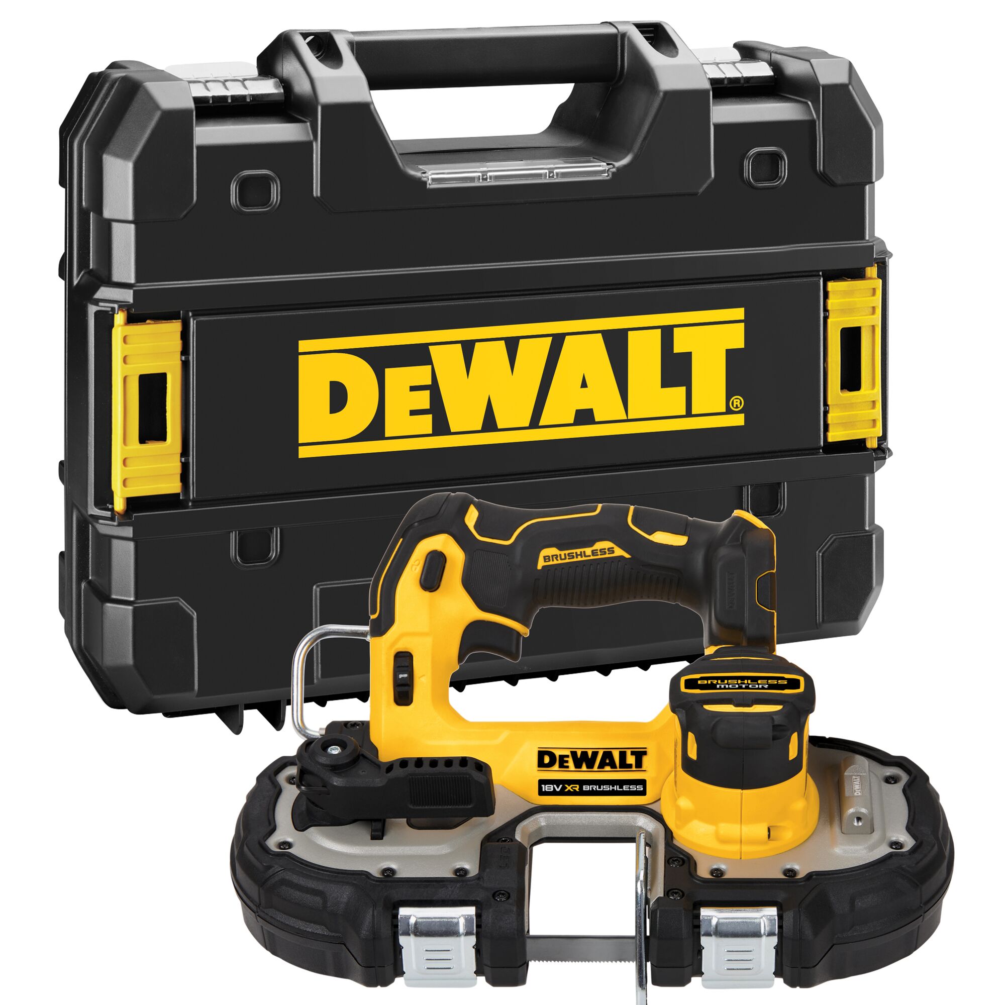 A DEWALT 18V XR brushless band saw shown in front of a black and yellow DEWALT carrying case.