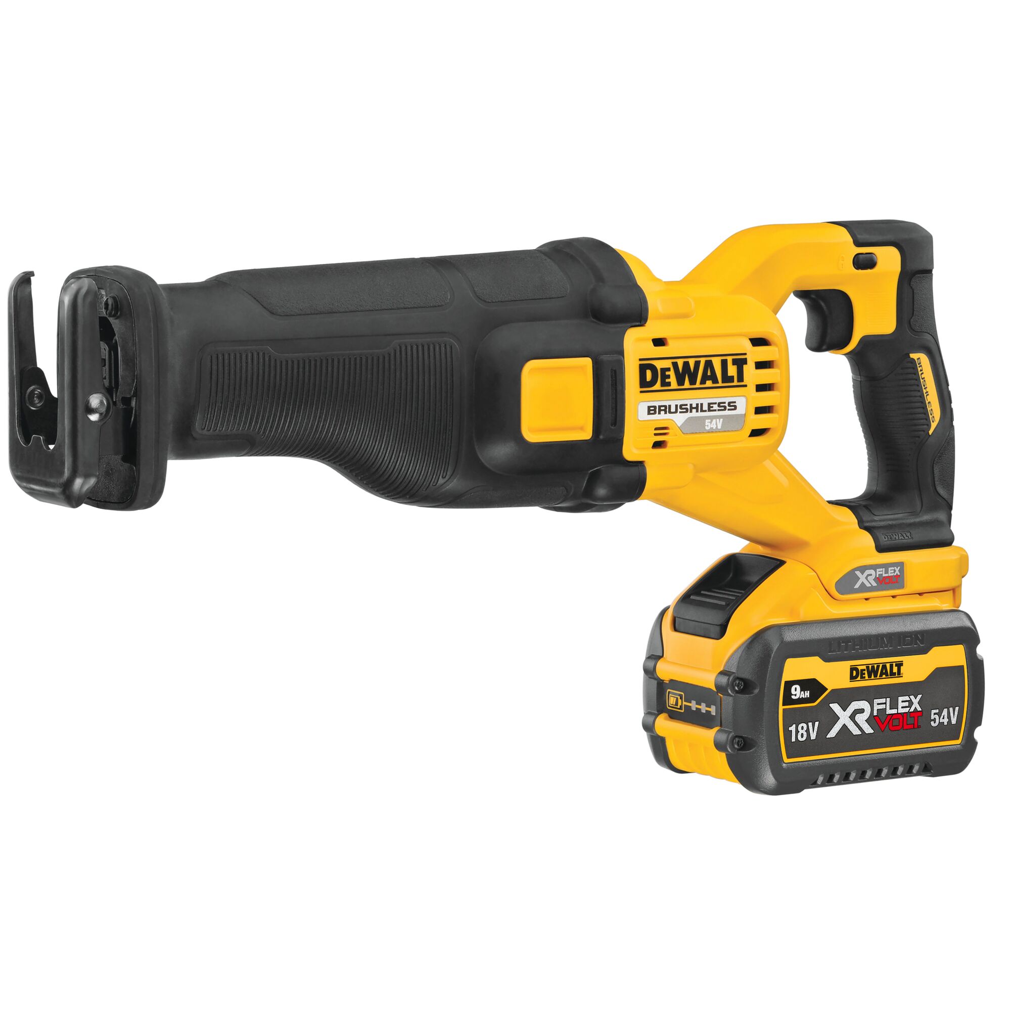 A DEWALT cordless reciprocating saw with a brushless motor, yellow and black design, and XR FLEXVOLT lithium-ion battery attached.