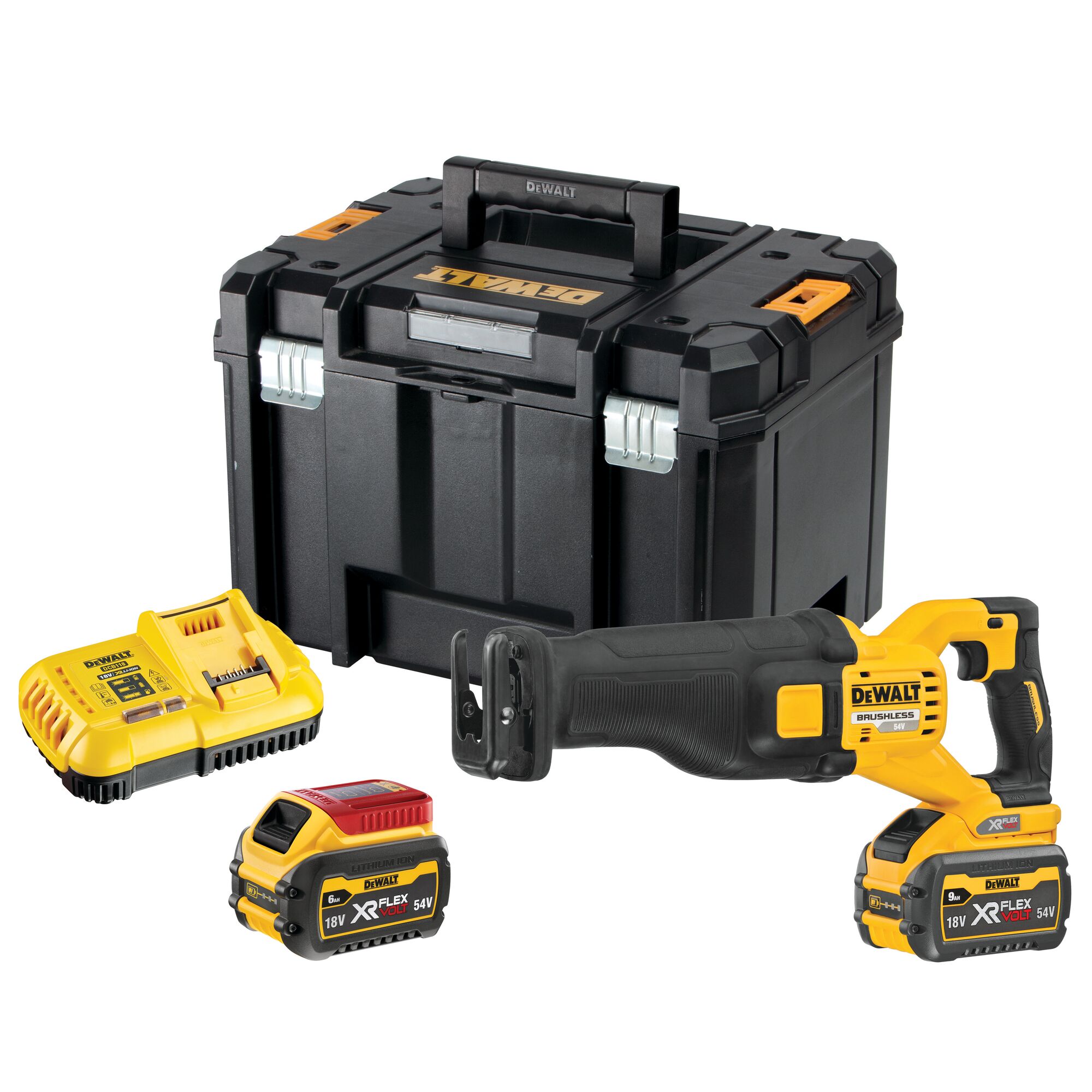 DEWALT cordless reciprocating saw kit including a black and yellow saw, two XR FLEXVOLT batteries, a battery charger, and a black hard carrying case.