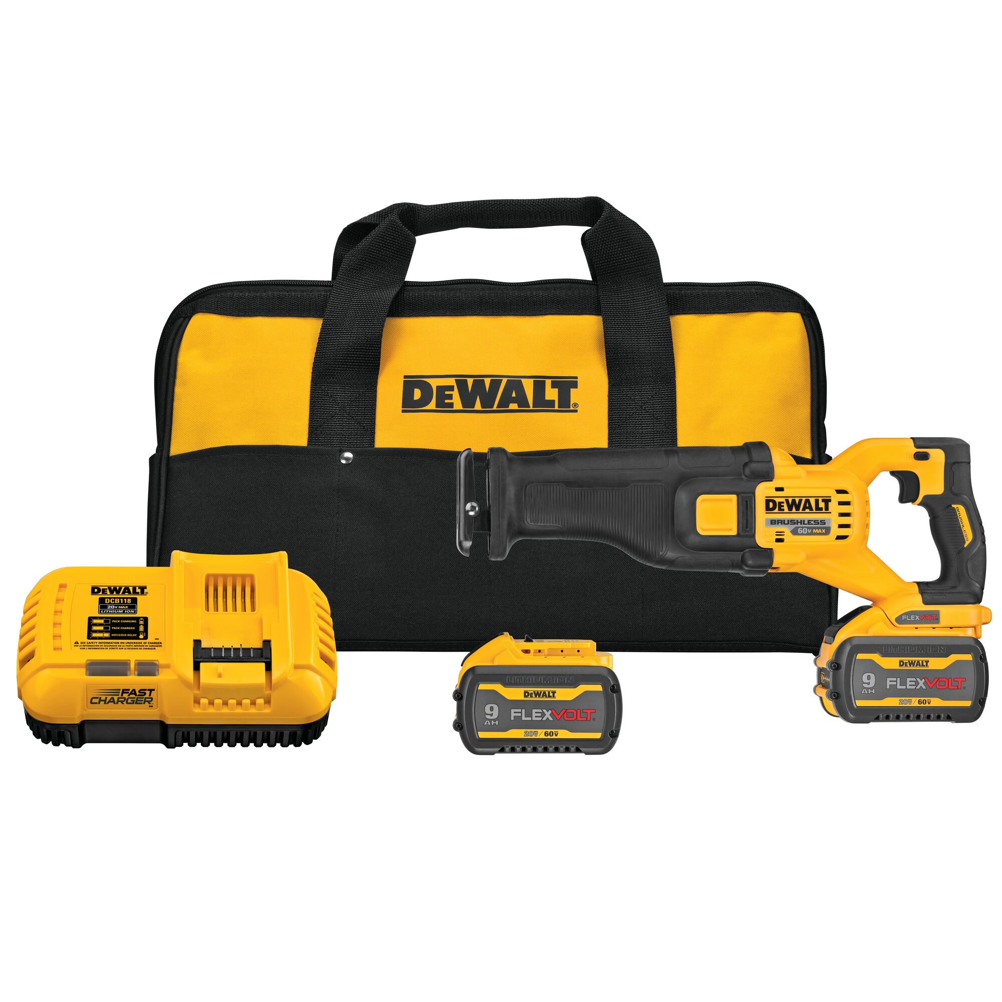 DEWALT cordless reciprocating saw kit, including a yellow and black reciprocating saw, two FlexVolt batteries, a fast charger, and a yellow and black carrying bag with DEWALT branding.