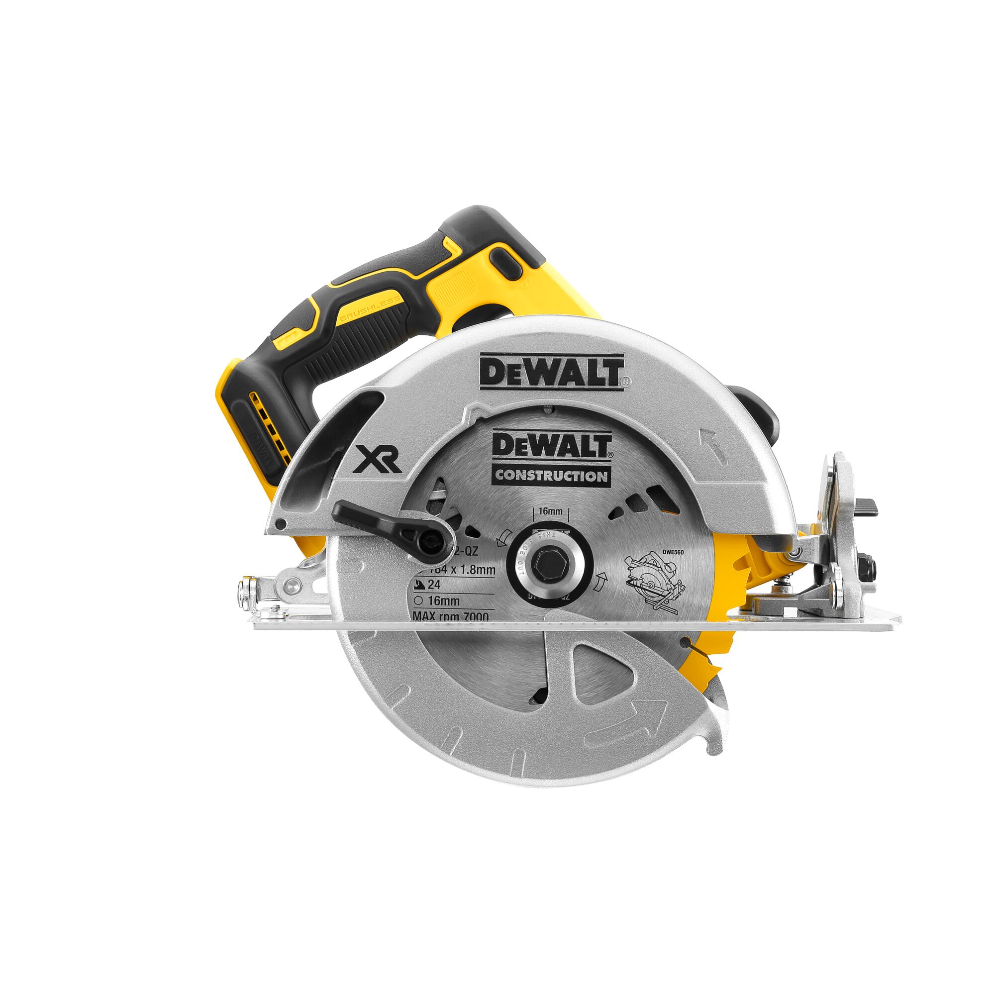 A DEWALT cordless circular saw with a yellow and black handle and a silver blade guard, shown facing forward. The model number is DCS570N.