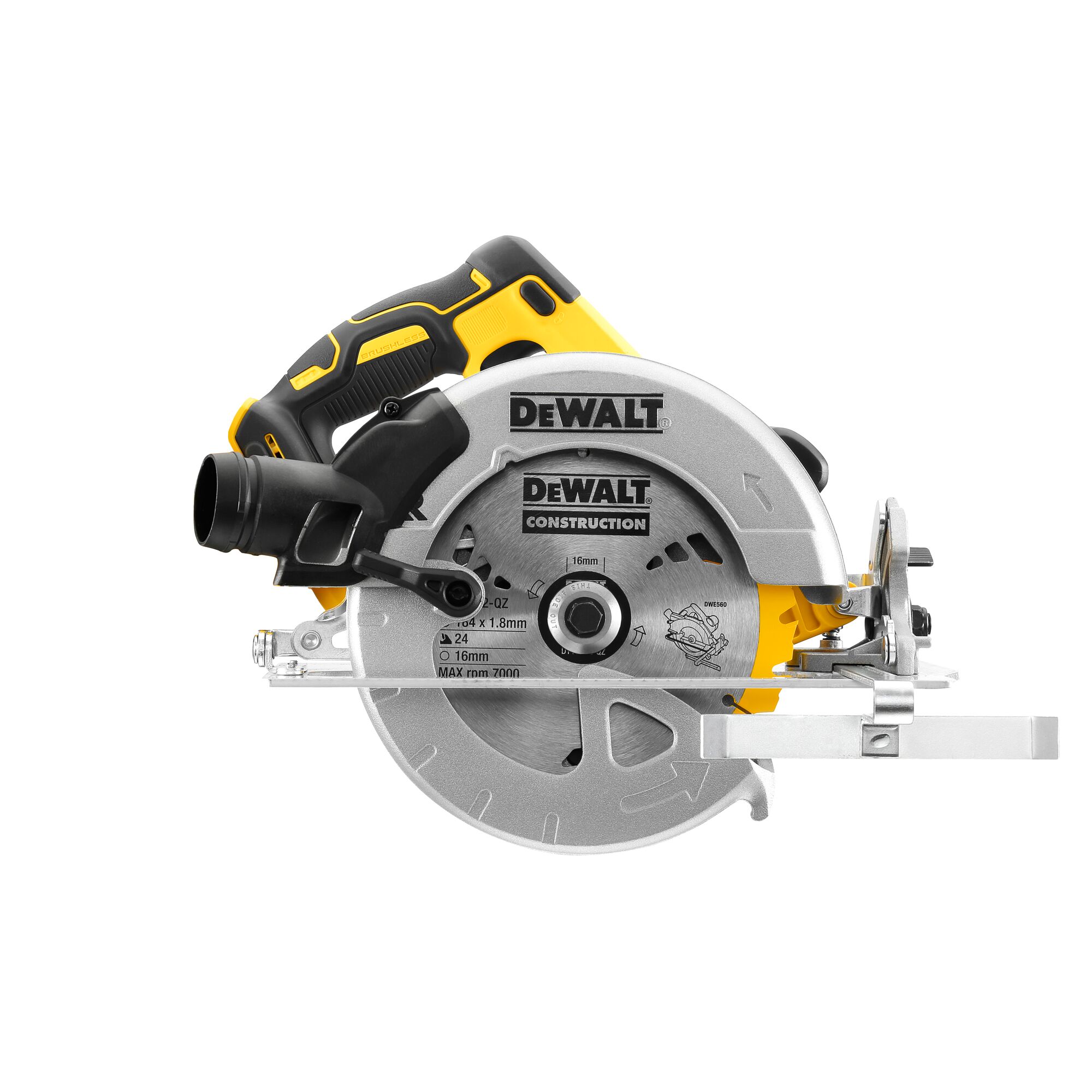 A DEWALT branded cordless circular saw with a yellow and black handle, designed for construction and woodworking tasks.