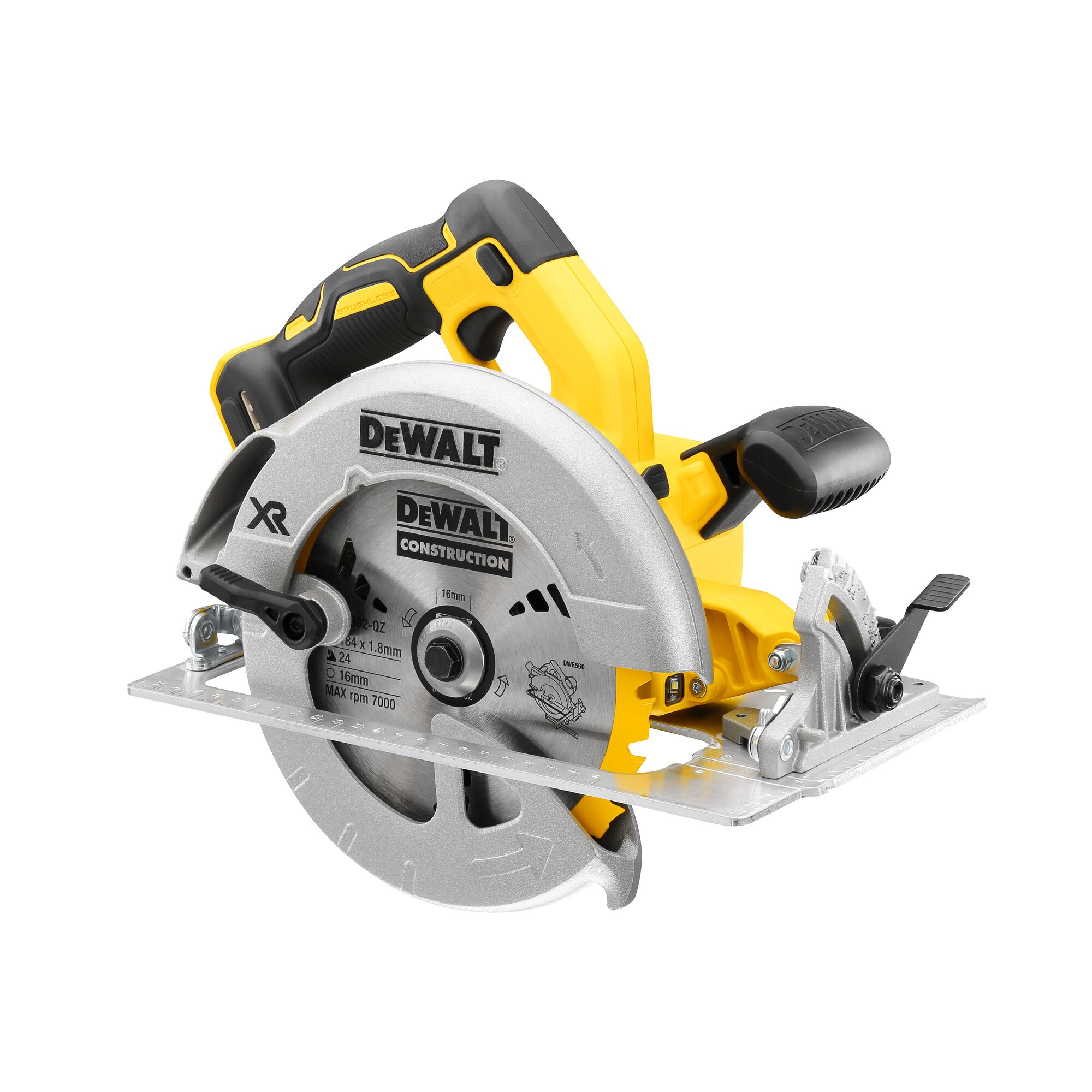 A DEWALT cordless circular saw with a yellow and black handle and silver blade guard, designed for construction and woodworking tasks.