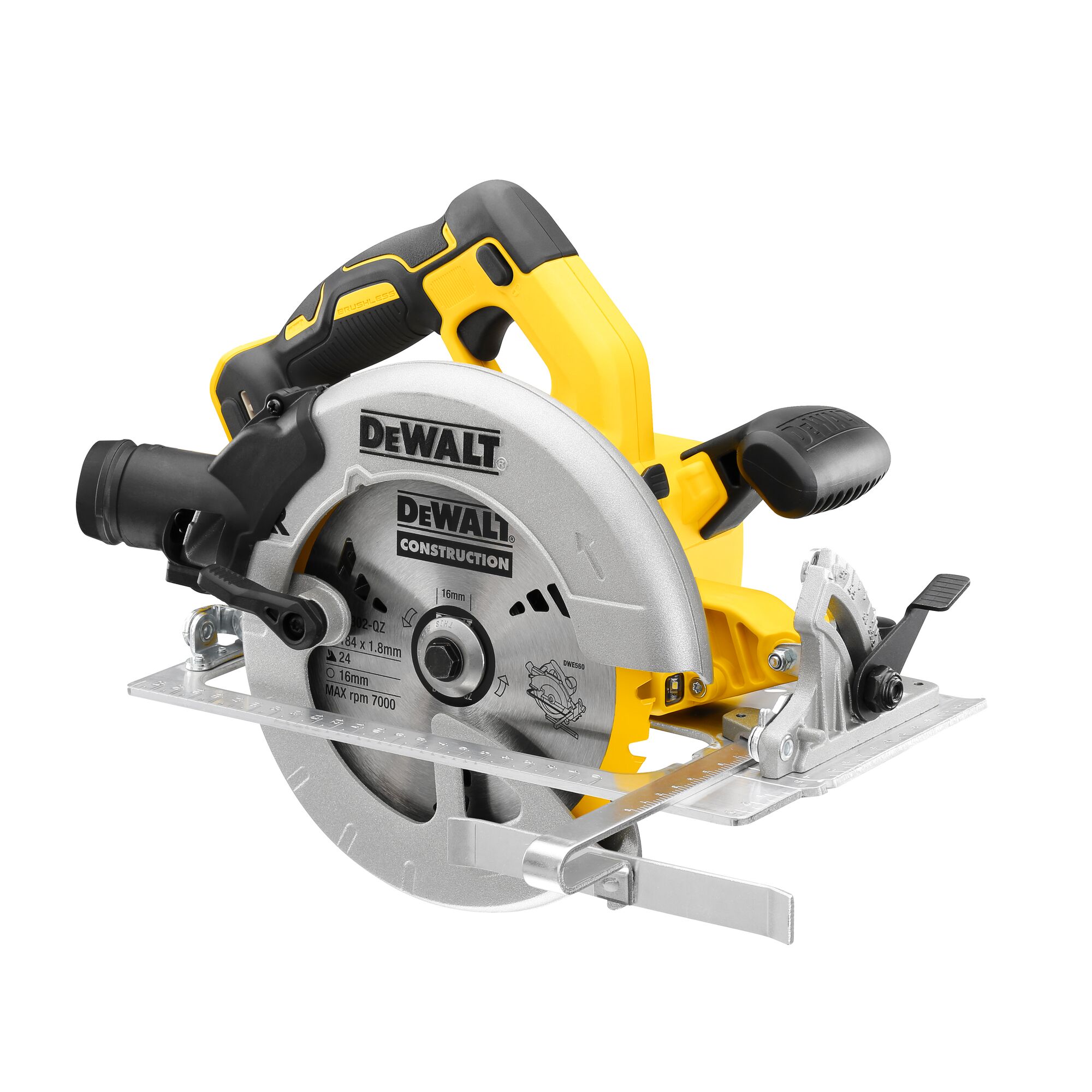 A DEWALT DCS570N cordless circular saw, featuring a yellow and black ergonomic handle, silver blade guard, and adjustable cutting guide. The blade is prominently displayed, and the tool is designed for construction use.